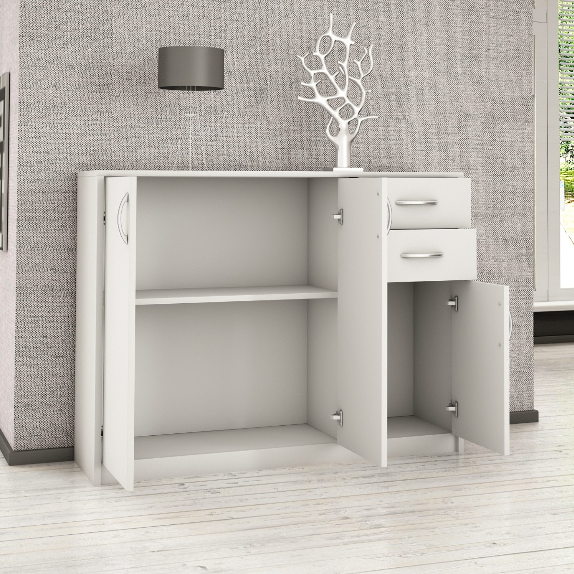 Home Collective Kommode mit 2 Schubladen und 3 Türen in matter Ausführung, Kommode 110cm breit (Hergestellt aus laminierten Platten, Metallrollen mit Auszugsper – Bild 3 von 5