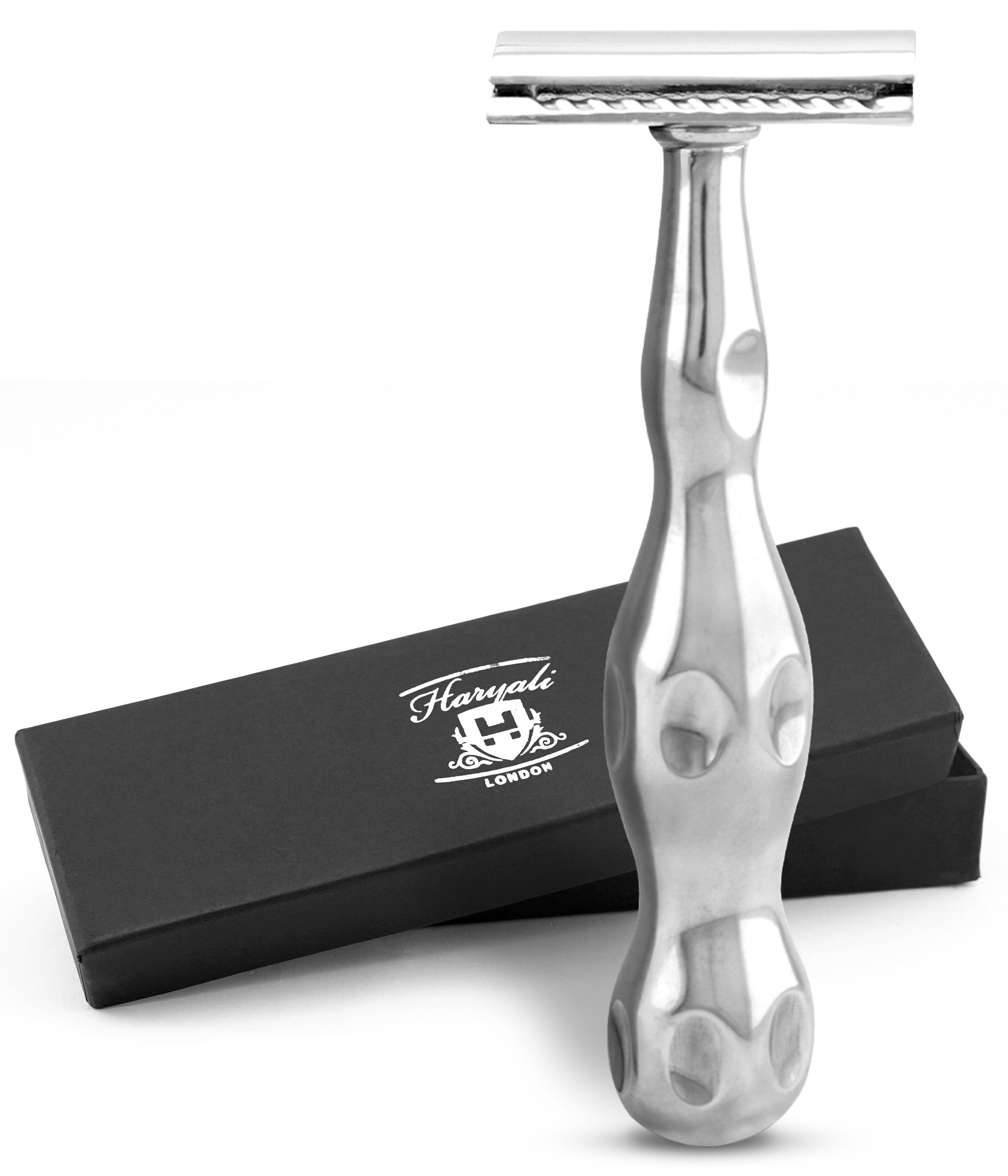 Haryali London Nassrasierer Zweischneidiger Rasierhobel für Unisex, Edelstahl, ergonomisch, Pack, Non-slip stainless steel razor with two replacement blades, Geeignet für alle Arten von zweischneidigen Rasierhobelklingen