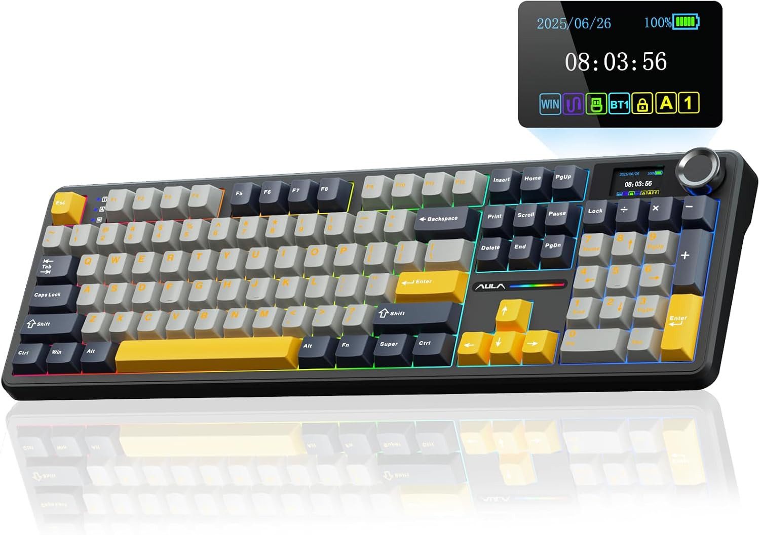 nsihing AULA F108 Pro Mechanische Gaming Tastatur mit Display & Drehknopf Gaming-Tastatur (TFT-Display, Drehknopf, Hot-Swap, 3-Modi-Verbindung)