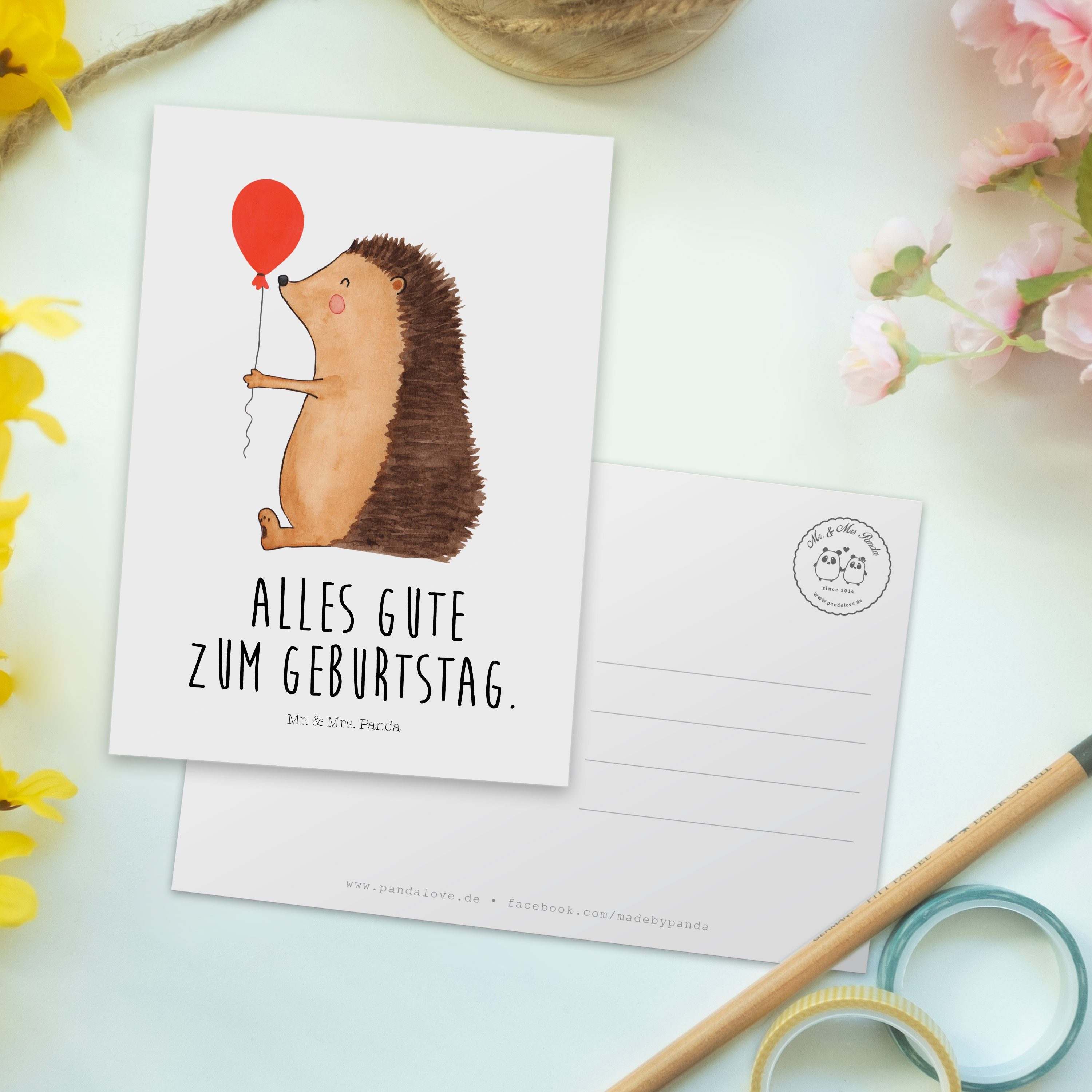 Panda Igel & Luftballon mit - Grußkarte, Geschenkkarte, Tier Mr. - Postkarte Mrs. Weiß Geschenk,
