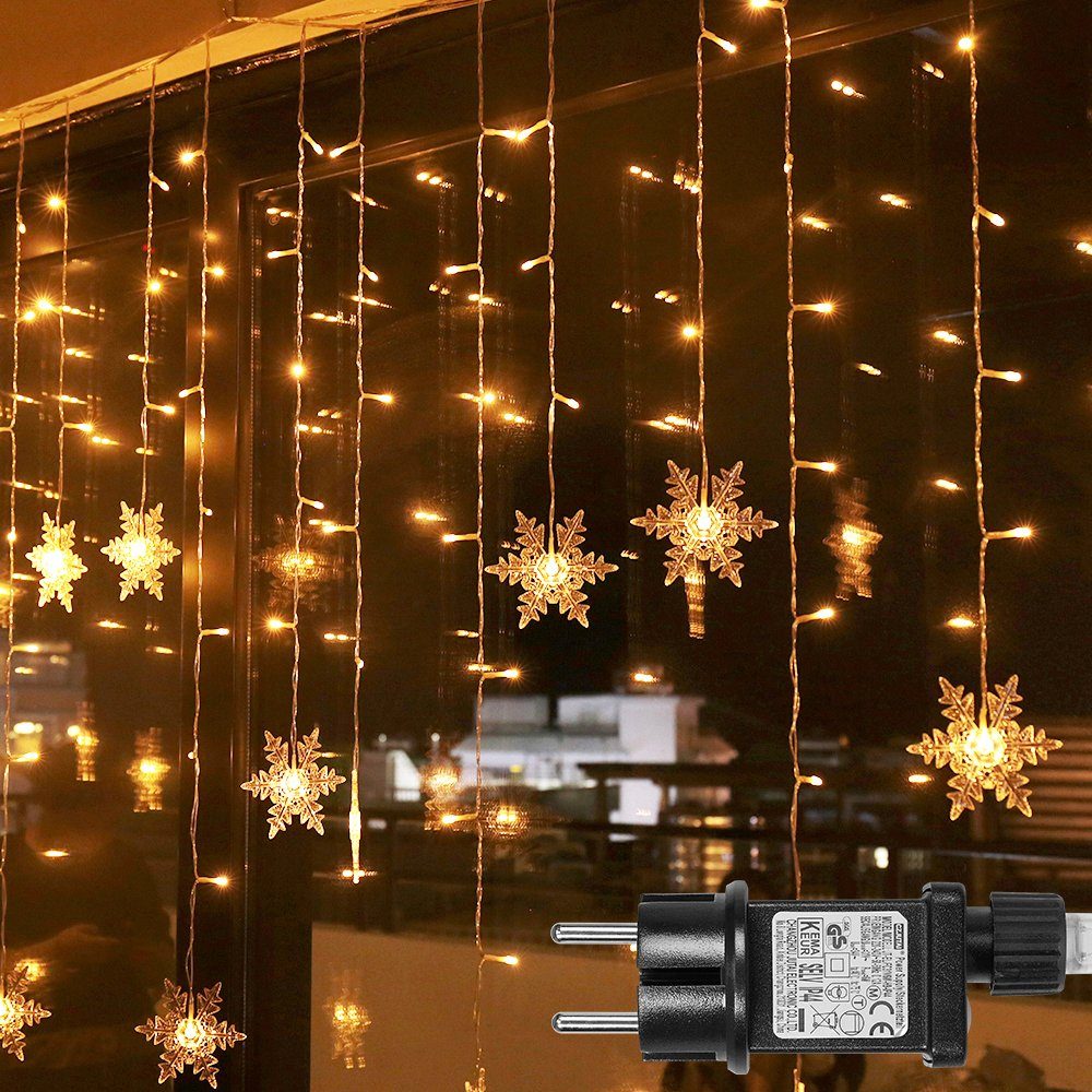 Rosnek LED-Lichterkette LED Schneeflocke Märchen String Vorhang Lichter, für Weihnachten Party, 8 verschiedene Modi und Speicherfunktionen Warmweiß