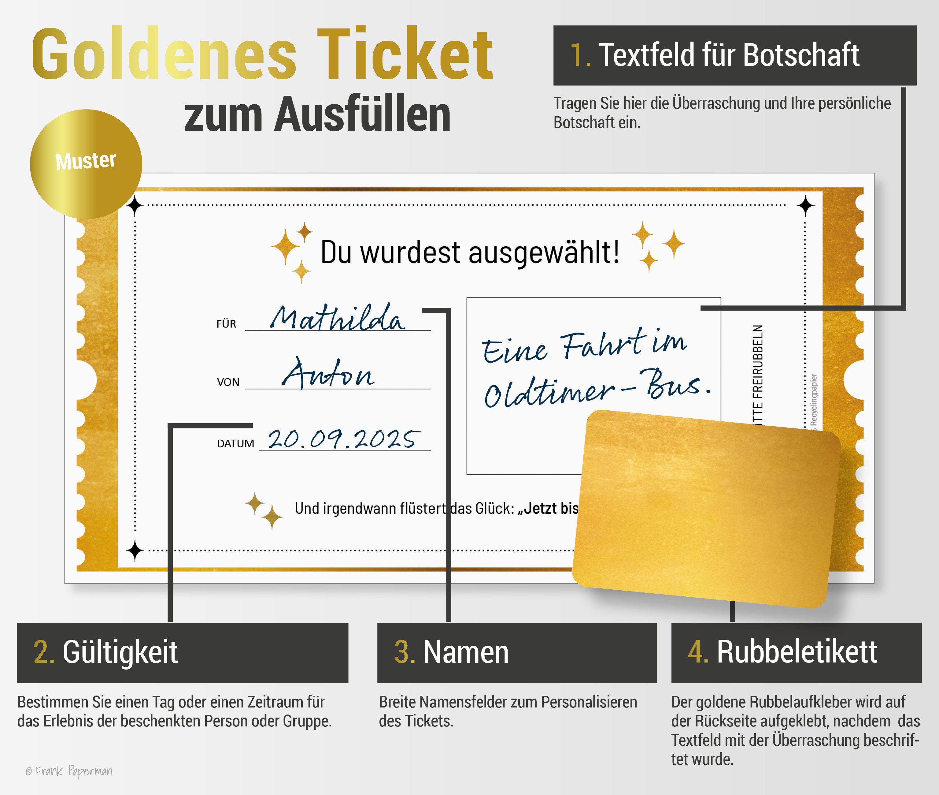 Frank Paperman Geschenkkarte Set Goldenes Ticket Gutschein mit Umschlag & Rubbelaufkleber, 100 % Recyclingpapier, hochwertige Rubbelkarten zum selber beschrifte – Bild 4 von 5