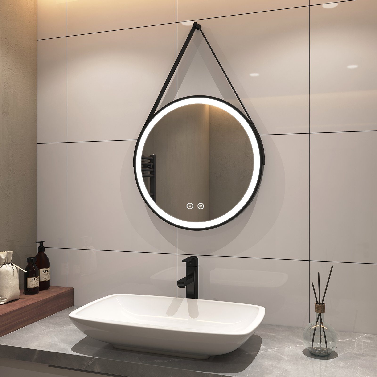 Badezimmerspiegel, Touch-Schalter,3000/4000/6500K S'AFIELINA Runder Lichtfarbe,Energiesparend,IP44 mit Beleuchtung Badspiegel Badspiegel