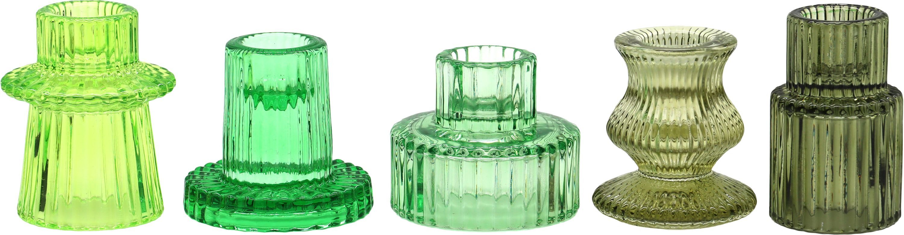 FURNARO Kerzenhalter (5-tlg. Leuchterset), 5-teiliges Set in harmonischen Grüntönen aus Glas