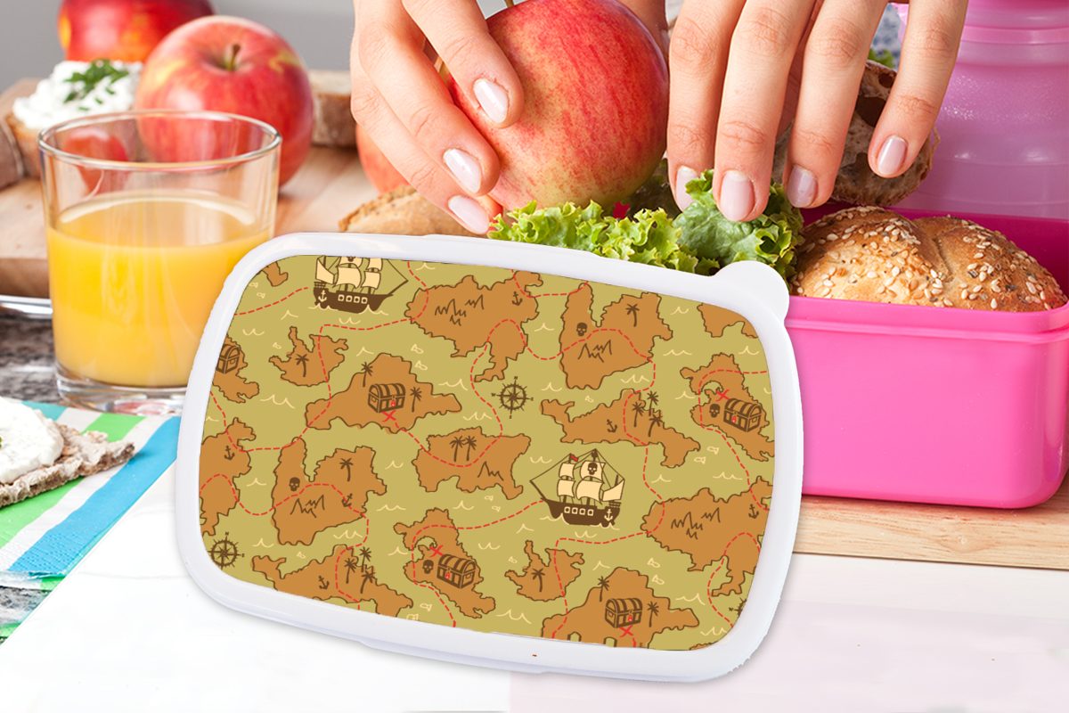 MuchoWow Lunchbox Schatzkarte - Mädchen, Kunststoff, (2-tlg), Brotdose Kinder, Piraten Kinder, Kunststoff rosa - Brotbox für - Muster Snackbox, Erwachsene