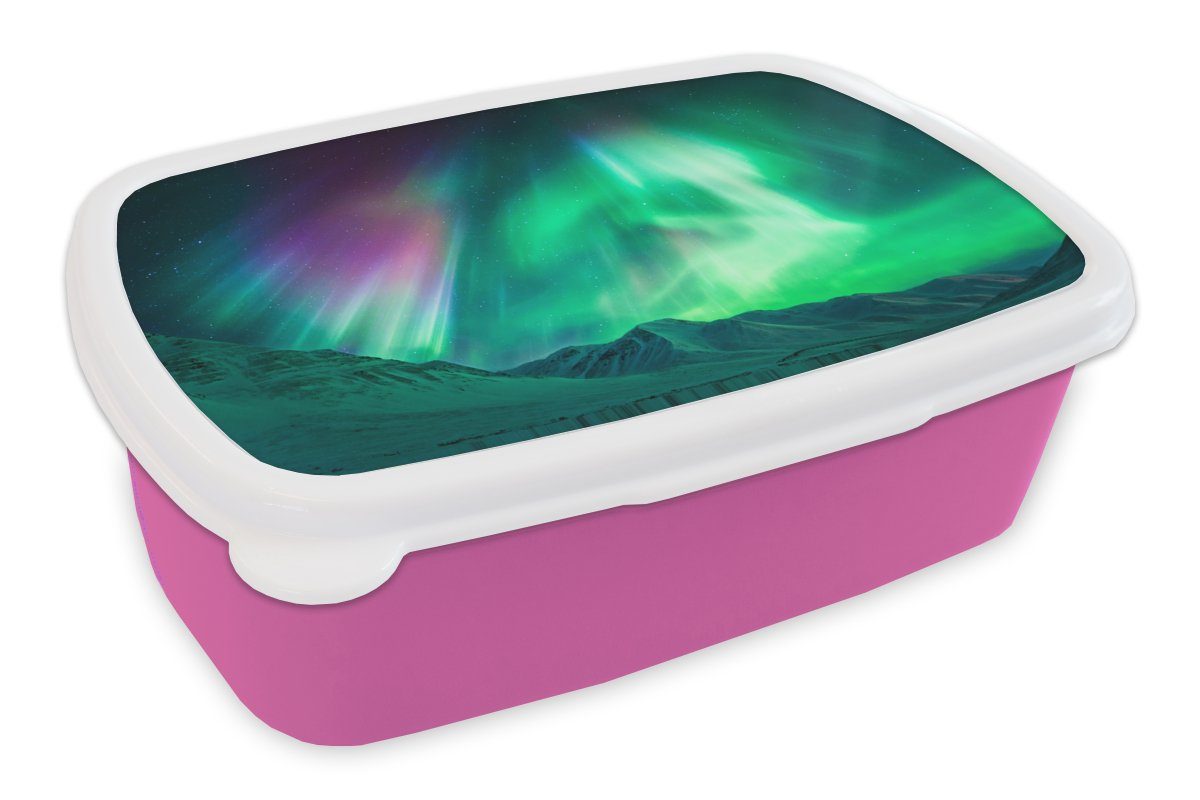 MuchoWow Lunchbox Nordlichter - Alaska - Berge, Kunststoff, (2-tlg), Brotbox für Erwachsene, Brotdose Kinder, Snackbox, Mädchen, Kunststoff rosa