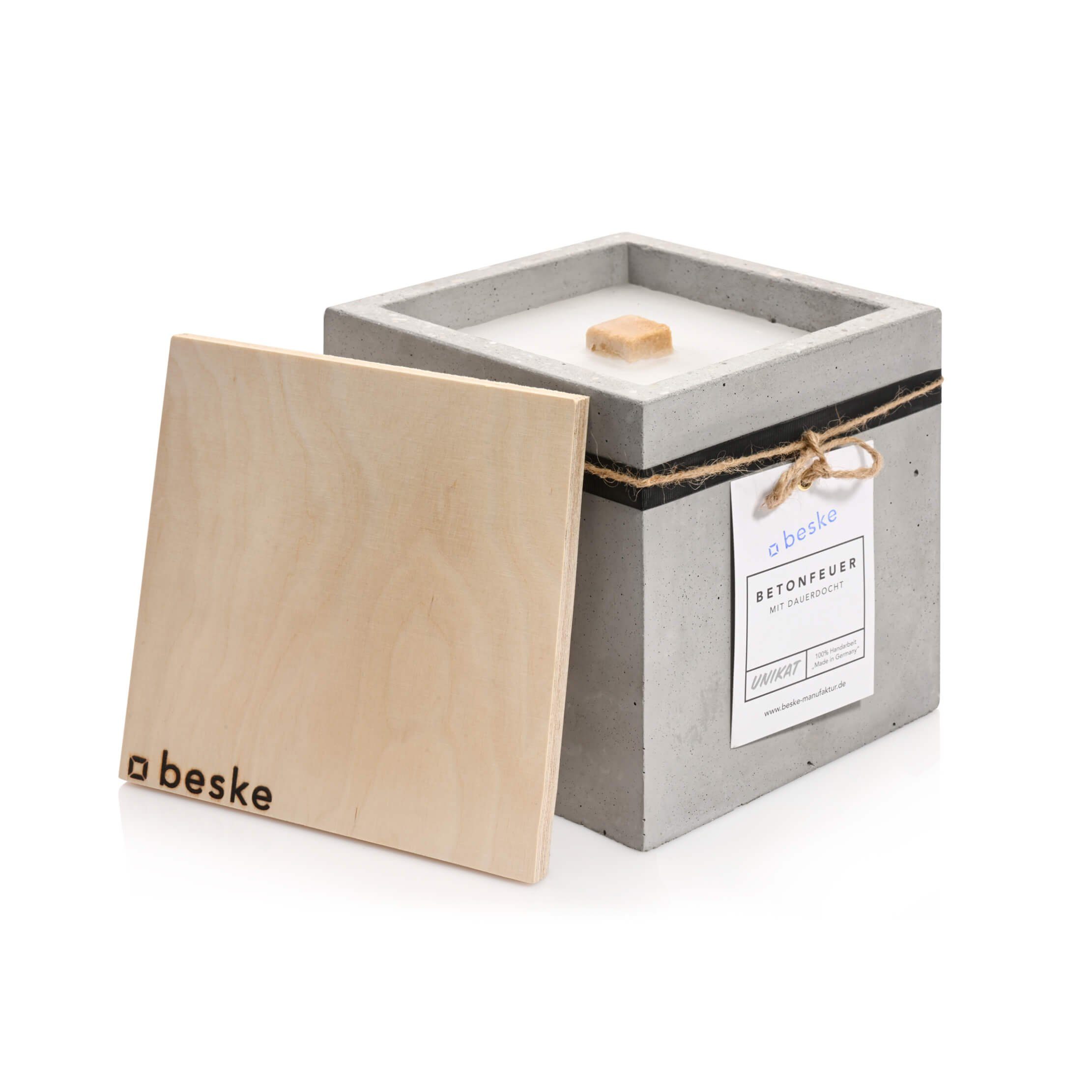 beske Outdoorkerze Betonfeuer® - Fuego mit Dauerdocht Kerzenfresser Tischfeuer (17x17x17), Unendliche Brenndauer
