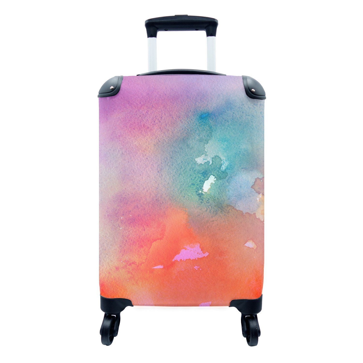 4 Aquarell MuchoWow Handgepäck Grün für rollen, Handgepäckkoffer Ferien, Rollen, Reisekoffer - Reisetasche - mit Trolley, Orange, - Rosa