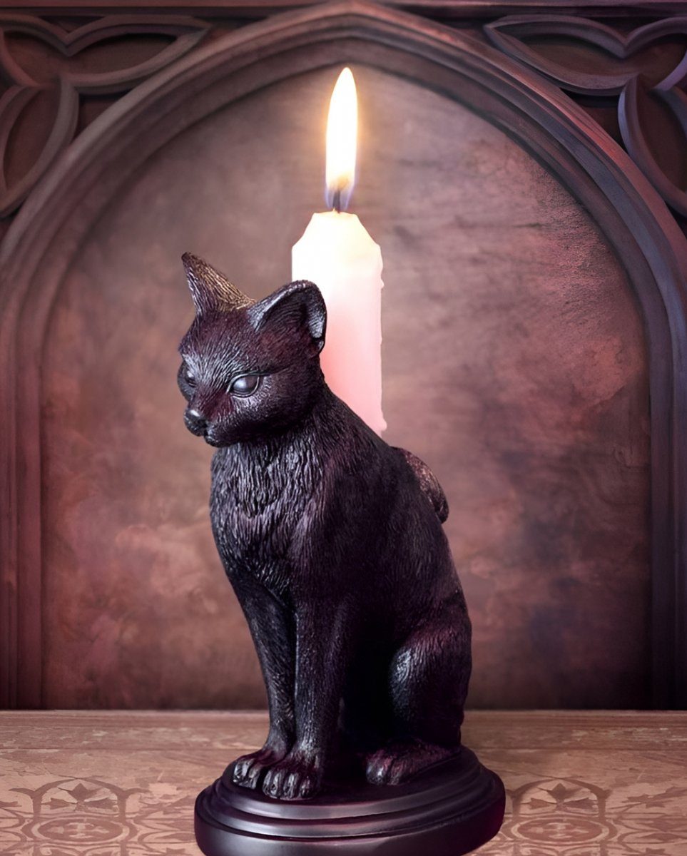 Horror-Shop Dekofigur Gothic Katze als Geschenkide Schwarz Kerzenständer