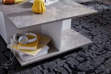 Wohnling Couchtisch WL6.065 (70x70 cm Zementgrau / Weiß, Sofatisch Eckig), Wohnzimmertisch mit 2 Schubladen, Tisch mit Rollen