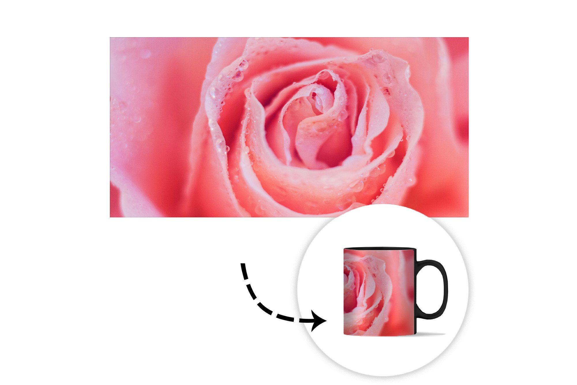 MuchoWow Tasse Morgentau auf Keramik, Rosenblättern, Farbwechsel, Teetasse, Geschenk Zaubertasse, rosa Kaffeetassen