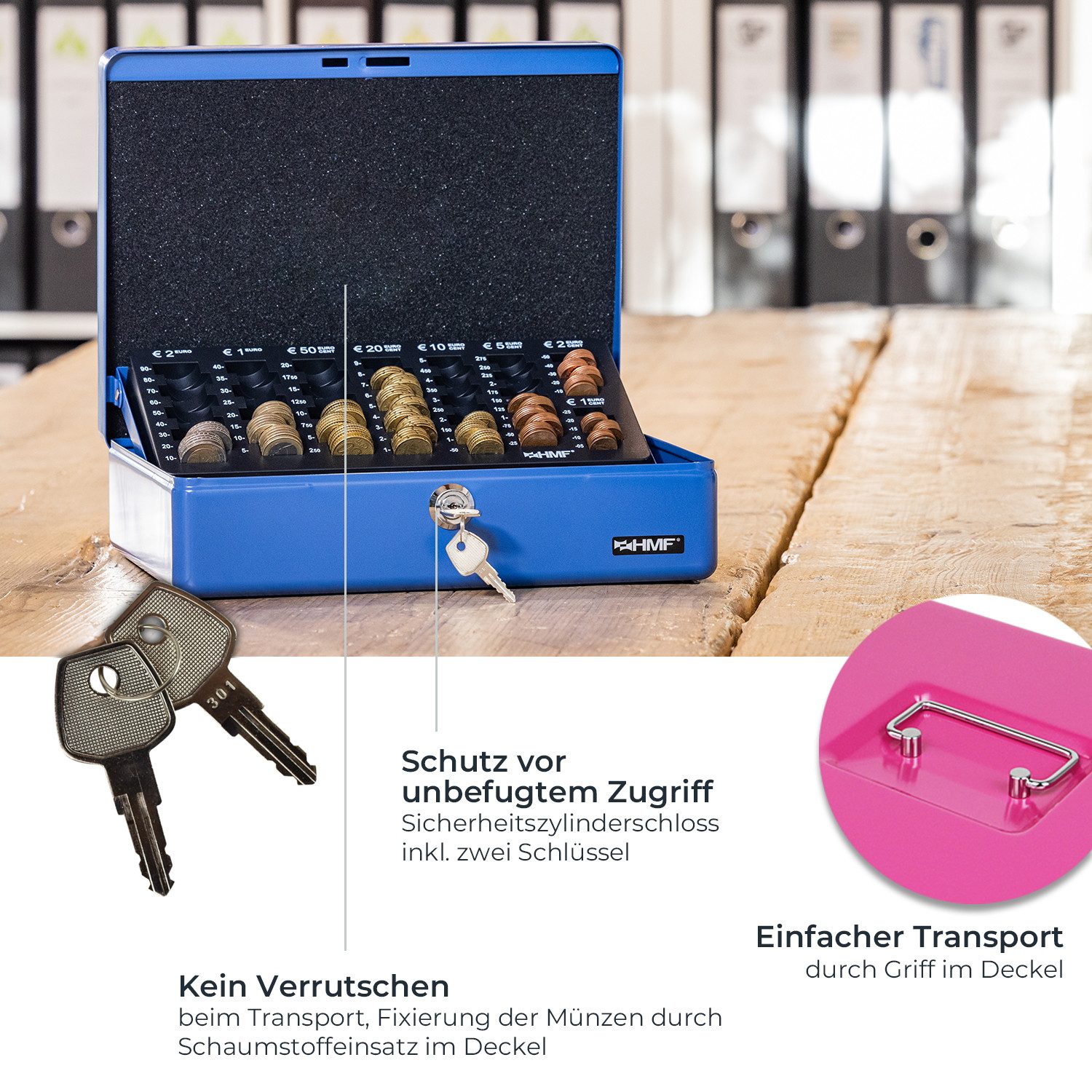 HMF Geldkassette Geldkassette abschließbar Kasse mit EURO-Münzzählbrett 4 Scheinfächer, hochwertige Geldzählkassette mit Schlüssel, 30 x 24 x 9 cm, pink – Bild 4 von 5