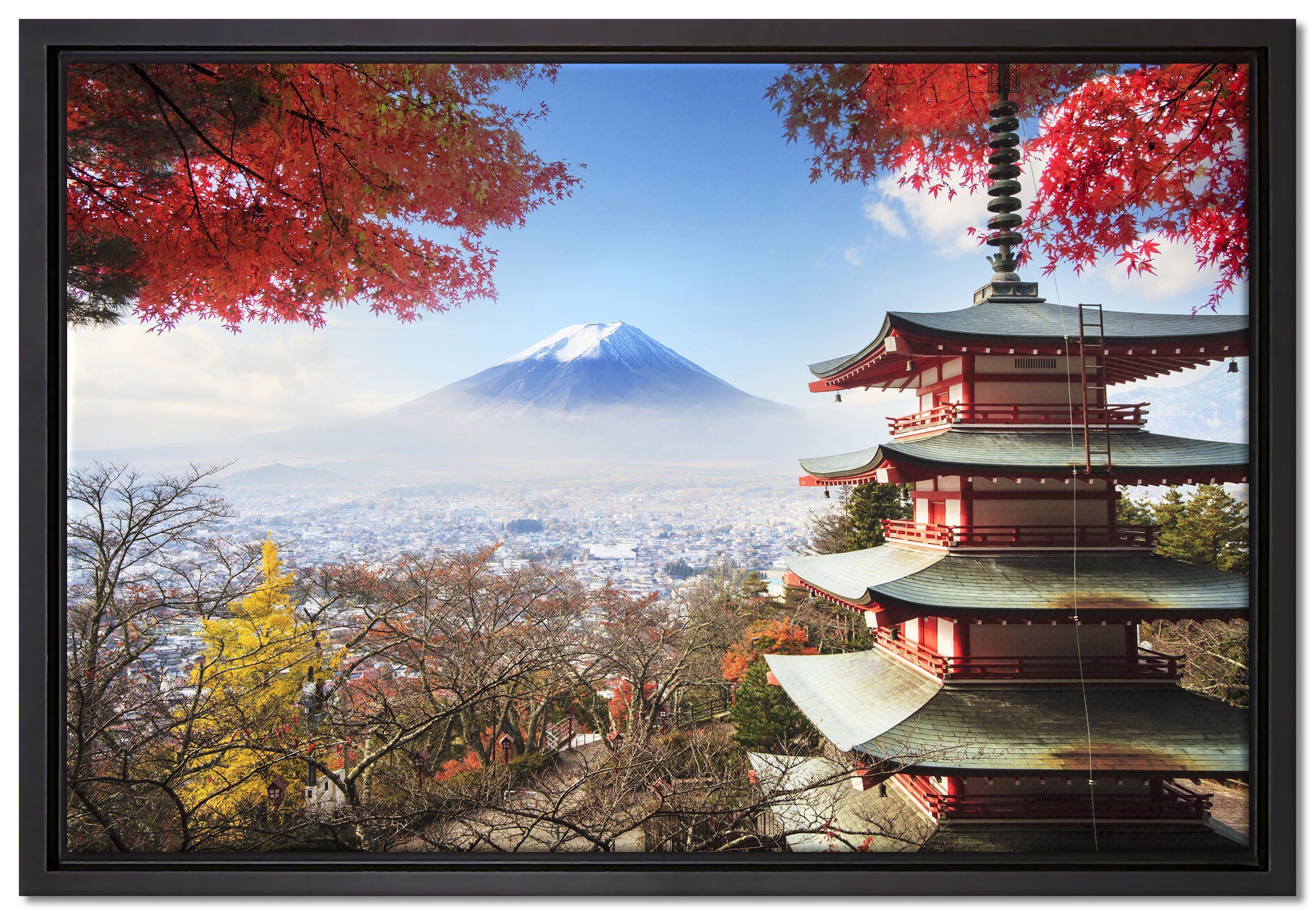 Pixxprint Leinwandbild Japanischer Tempel im Herbst, Wanddekoration (1 St), Leinwandbild fertig bespannt, in einem Schattenfugen-Bilderrahmen gefasst, inkl. Zackenaufhänger
