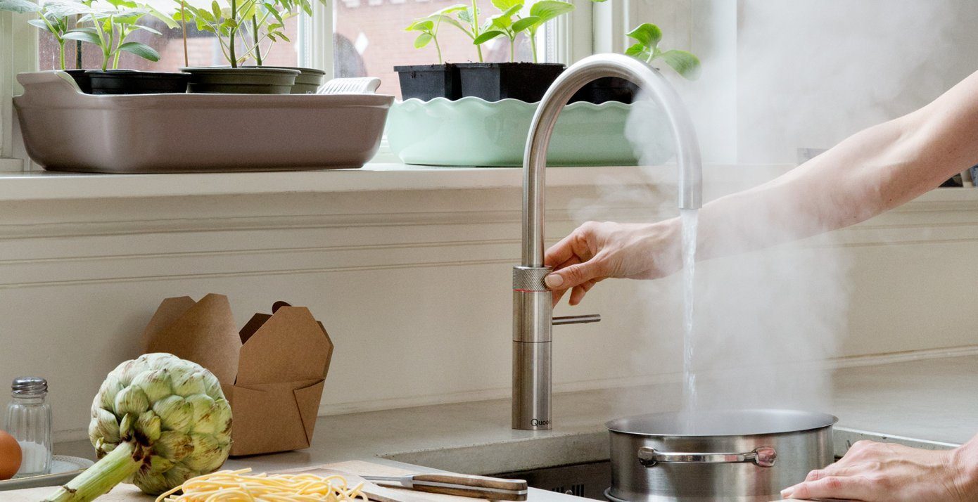 QUOOKER Küchenarmatur QUOOKER FUSION mit 2 ROUND (22+FRRVSCUBE) (2-St) 100°C Trinkwassersystem COMBI+ Edelstahl mit Kochendwasserhahn CUBE B