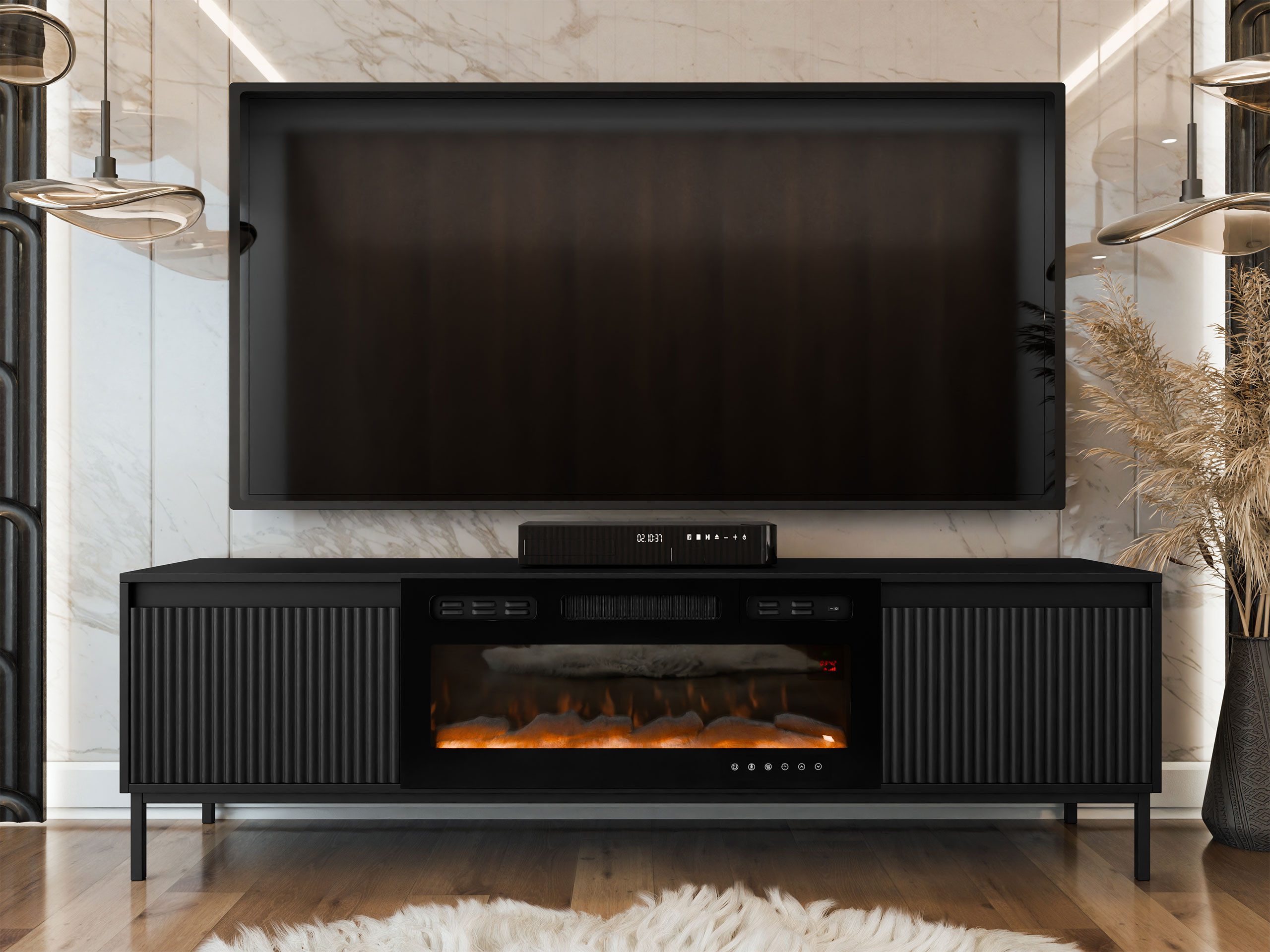 MIRJAN24 TV-Schrank Ozmi 2K EF mit Kamin (mit zwei Kleppen) Realistische LED-Flamme, push to open