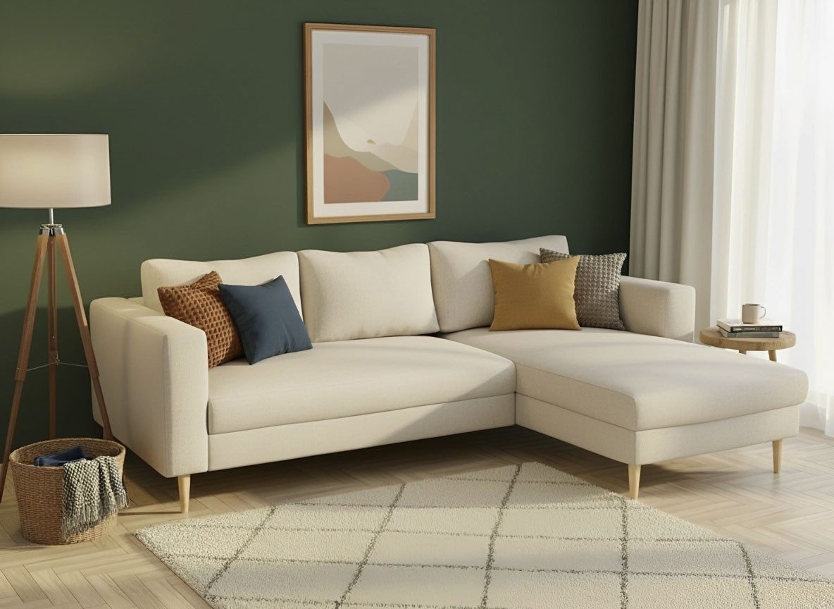 TRENDMANUFAKTUR Ecksofa Amazing, wahlw. mit Schlaffunktion & Bettkasten, Fuß Buche lackiert, Recamiere beidseitig montierbar, L-Form,in Cord o. Struktur, B: 232 cm