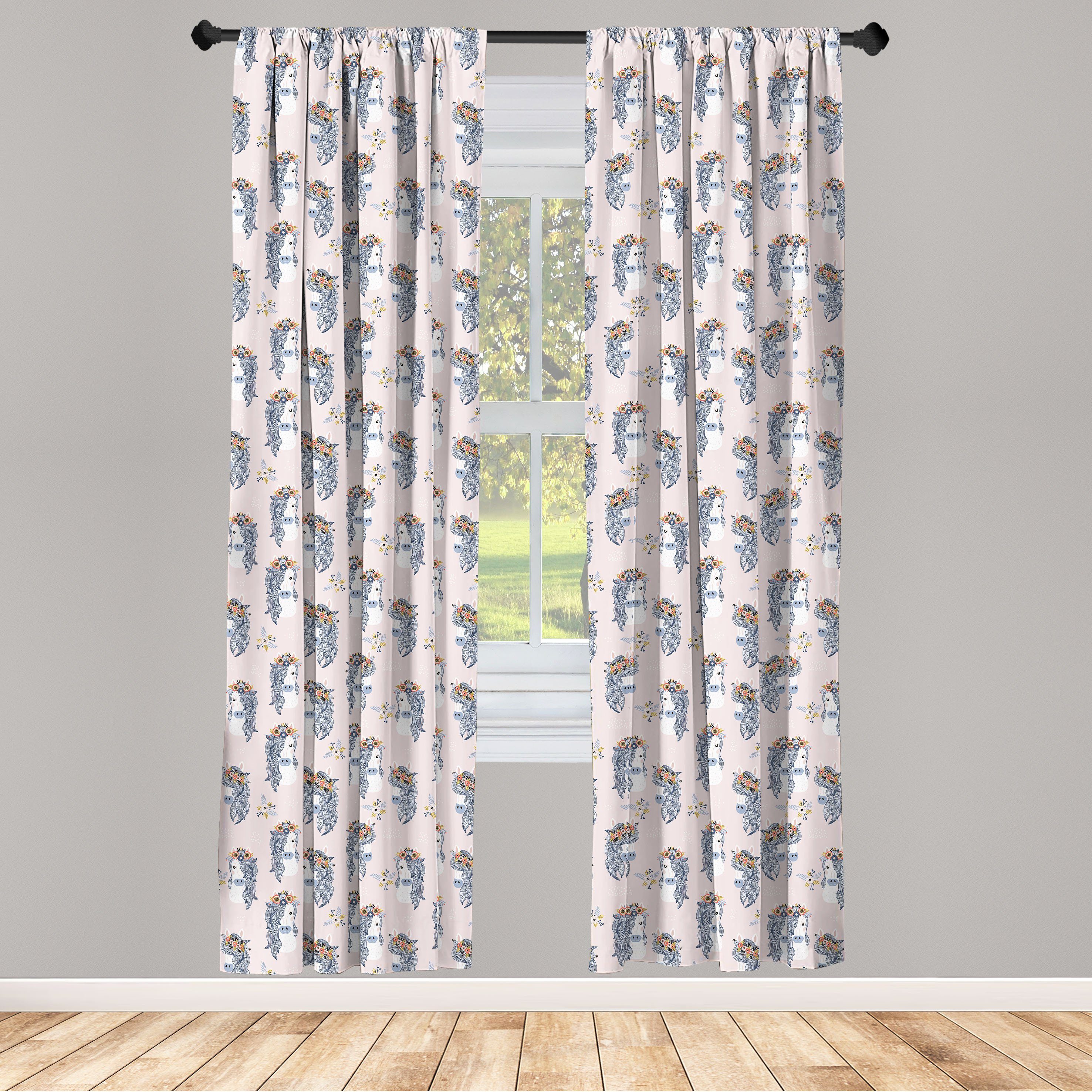 Gardine Vorhang für Wohnzimmer Schlafzimmer Dekor, Abakuhaus, Microfaser, Pastell Pferde und Blumen auf Kopf
