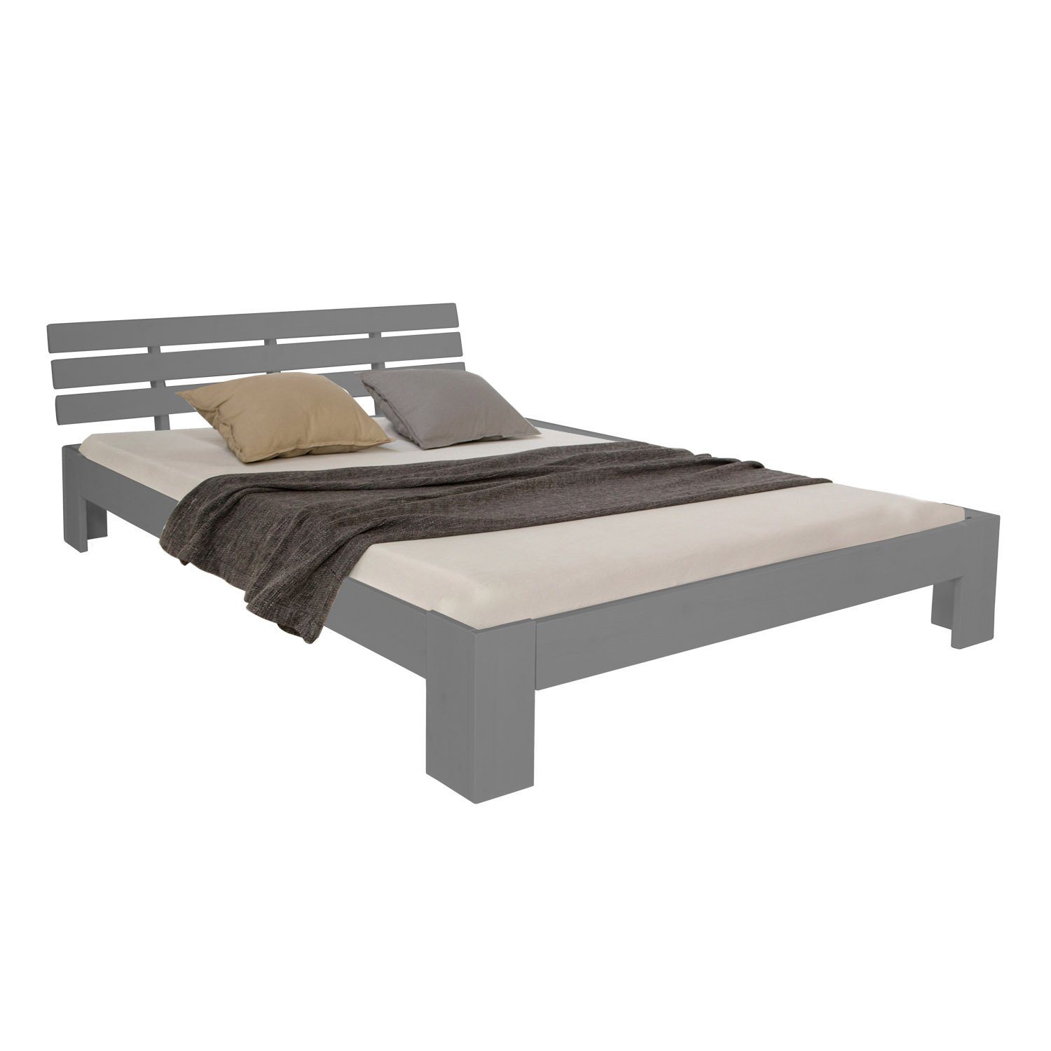 Homestyle4u Holzbett 140x200 Doppelbett Bett Grau Massiv Kiefer mit Kopfteil (Set, Bettgestell mit Lattenrost und Matratze)