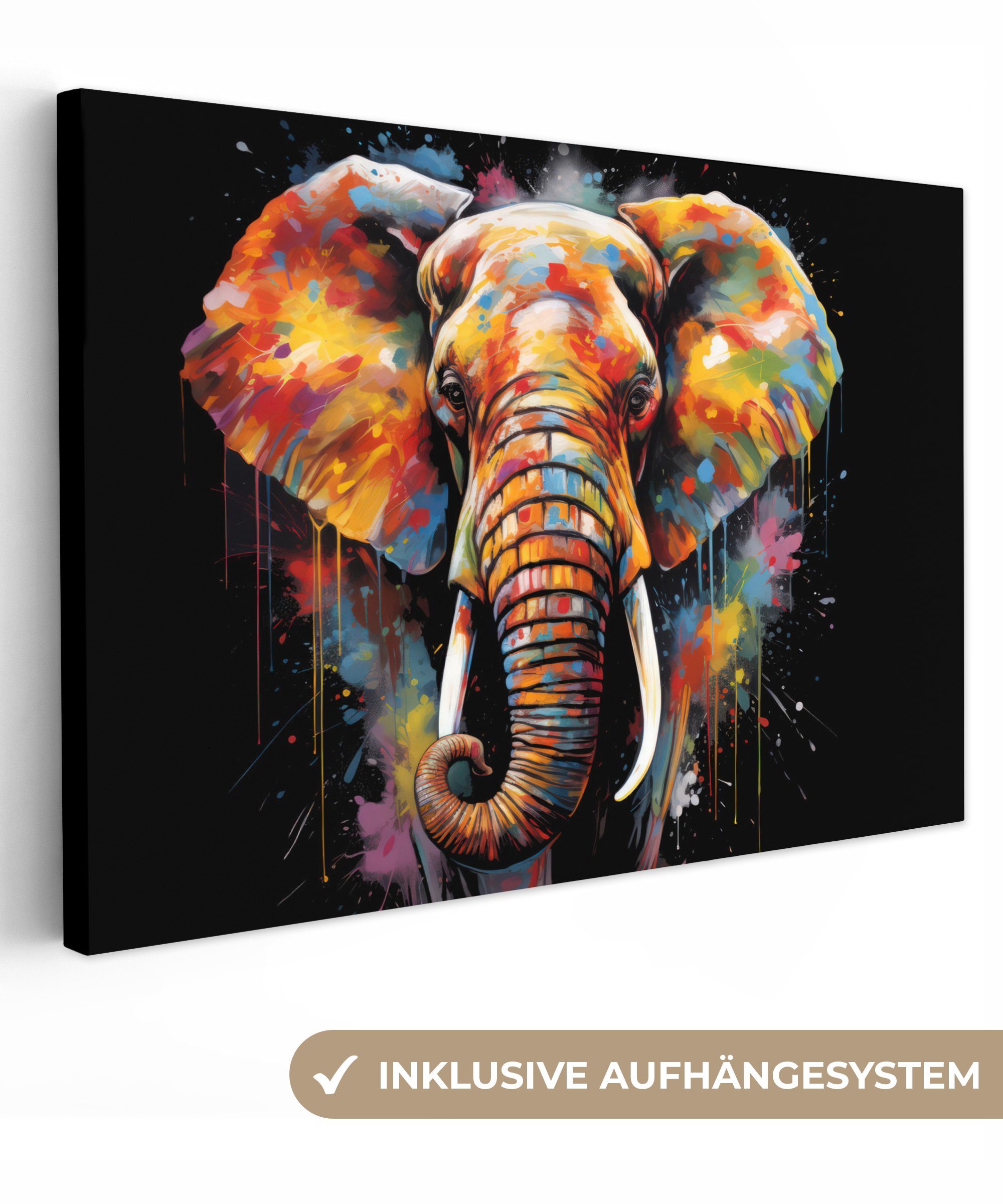 OneMillionCanvasses® Leinwandbild Elefant - Graffiti - Schwarz - Tiere - Farben, (1 St), Wandbild für alle Wohnbereiche, Gemälde, XXL, großes, 120x80 cm | Leinwandbilder