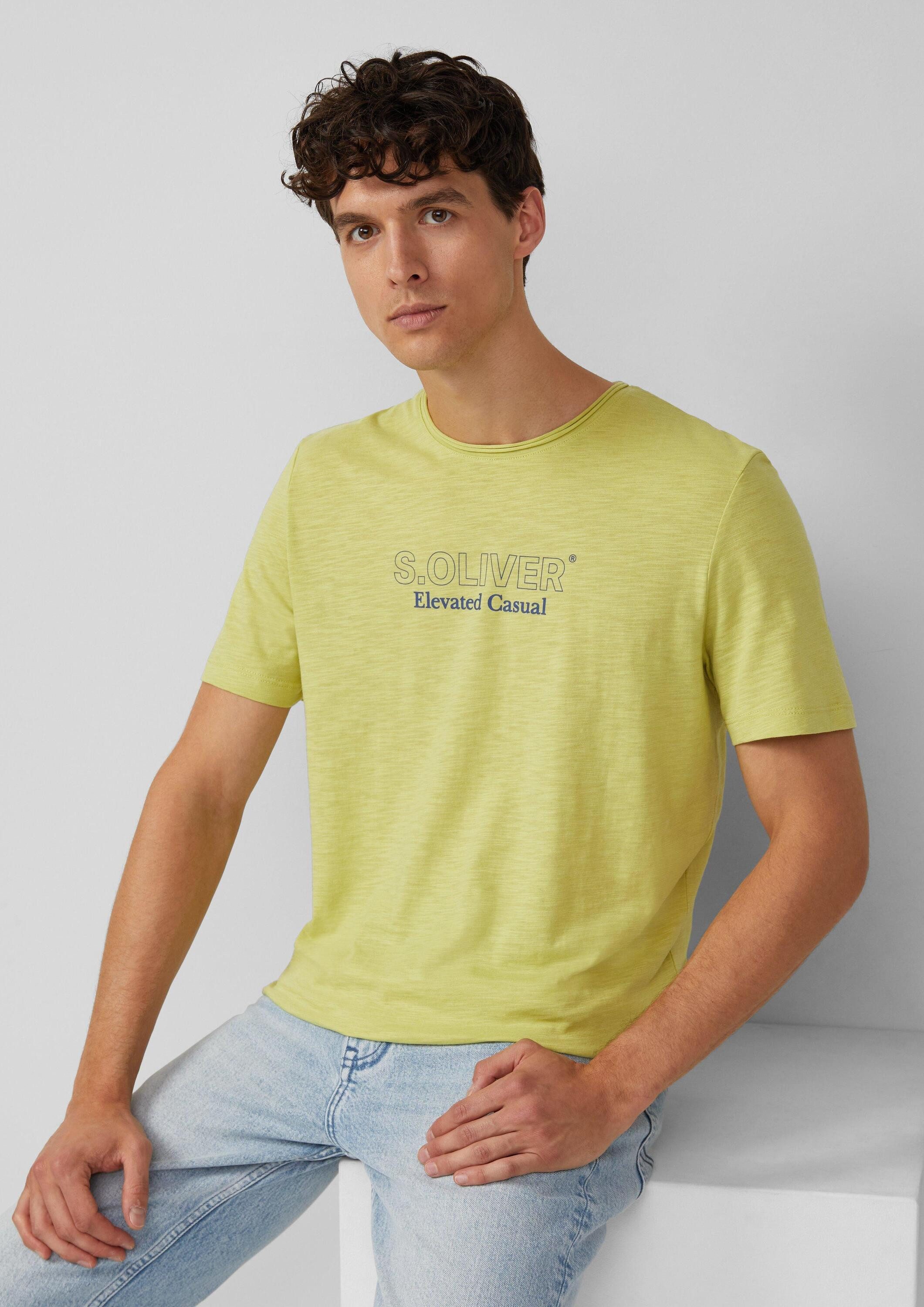 s.Oliver Kurzarmshirt T-Shirt Meliertes T-Shirt mit Rollkante und Frontprint