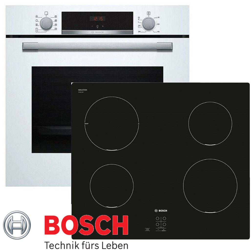 BOSCH Induktions Herd-Set Weiß Autark Backofen 3D Heißluft, + Kochfeld Induktion, mit Teleskopauszug nachrüstbar