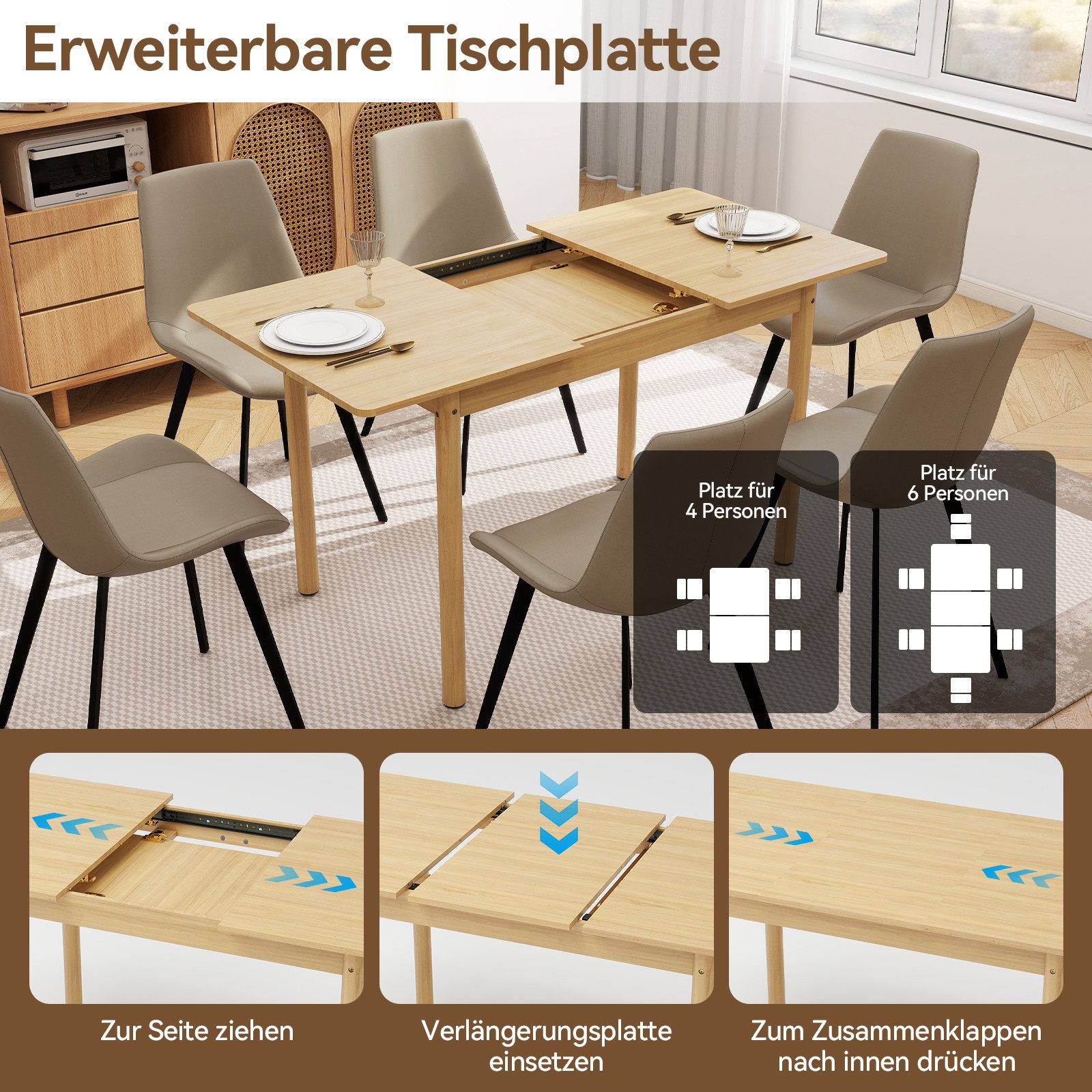Puluomis Esstisch ausziehbar Massivholz mit Stauraum, 105-145cm verstellbar (für 2-6 Personen, 120kg tragfähig für Wohnzimmer Esszimmer natur) – Bild 4 von 5