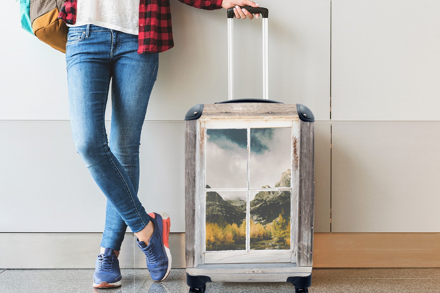 Durchschaubar Ferien, Handgepäck Berge, Handgepäckkoffer MuchoWow Reisekoffer Trolley, - rollen, 4 - Rollen, Holz Reisetasche mit für