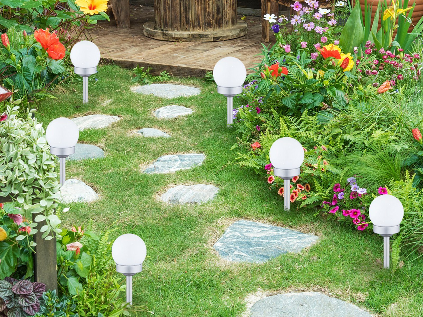 fest 6er meineWunschleuchte Set Gartenkugeln Ø10cm Garten LED Solarleuchte, LED Solarkugeln Neutralweiß, Leuchtkugeln, Solarlicht Dämmerungssensor, integriert,