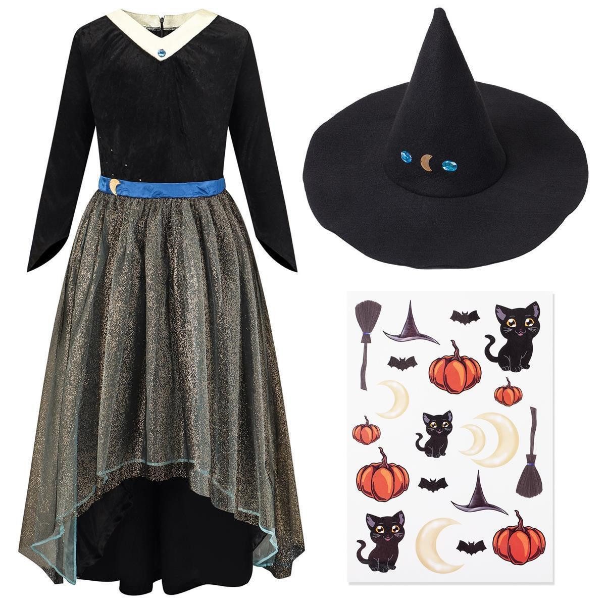 Corimori Hexen-Kostüm Halloween Kleid Set für Kinder mit Tattoos & Hut, Fasching, Karneval, Faschingskostüm, Karnevalskostüm, Kleid, Hexenhut
