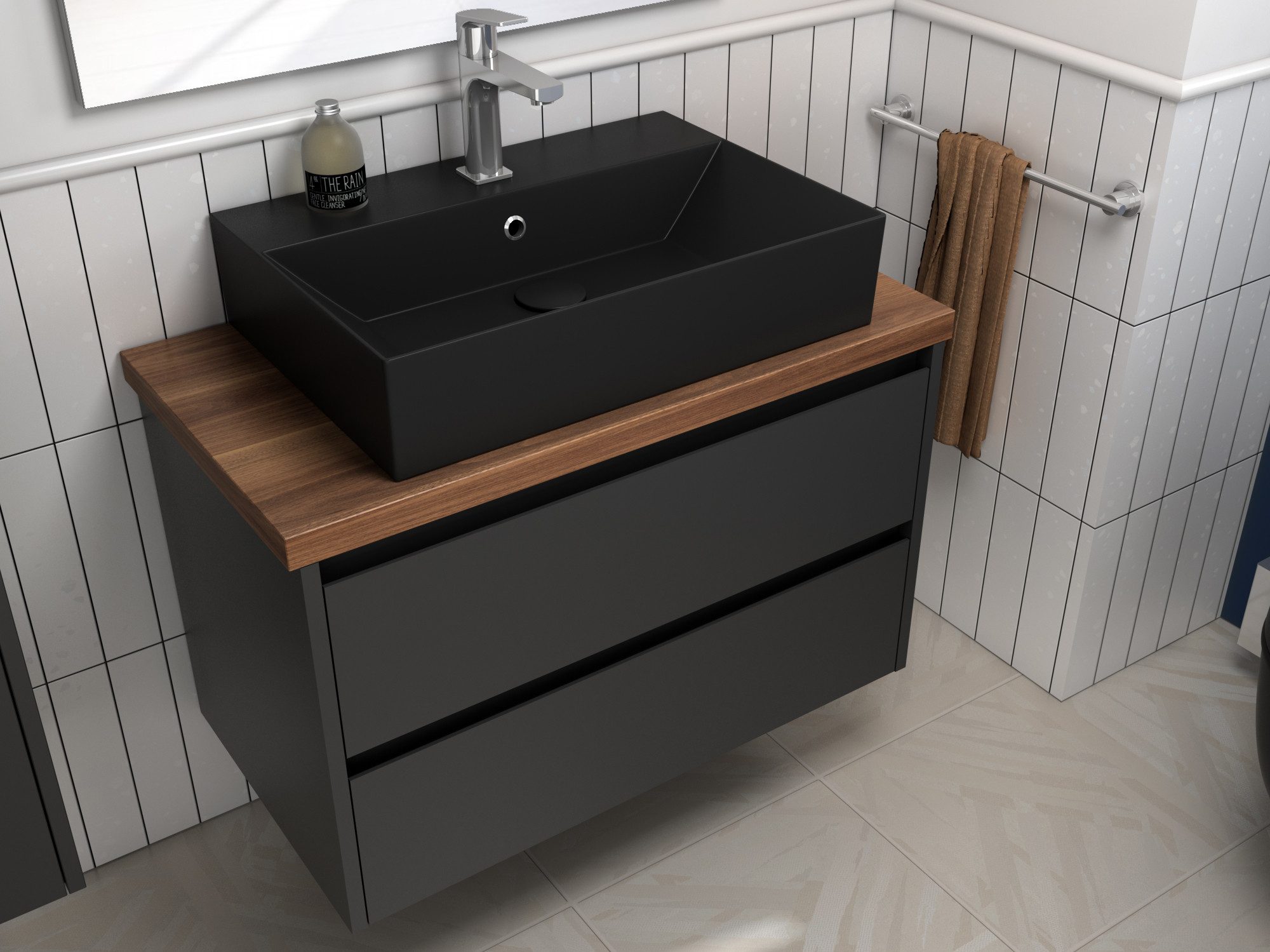 Aqua Bagno Badmöbel-Set Badschrank mit Waschbecken, anthrazit matt lackiert,schwarze Keramik, (Badschrank vormontiert, 3-St., Badmöbelschrank mit Trägerplatte, Waschbecken), einfache Montage