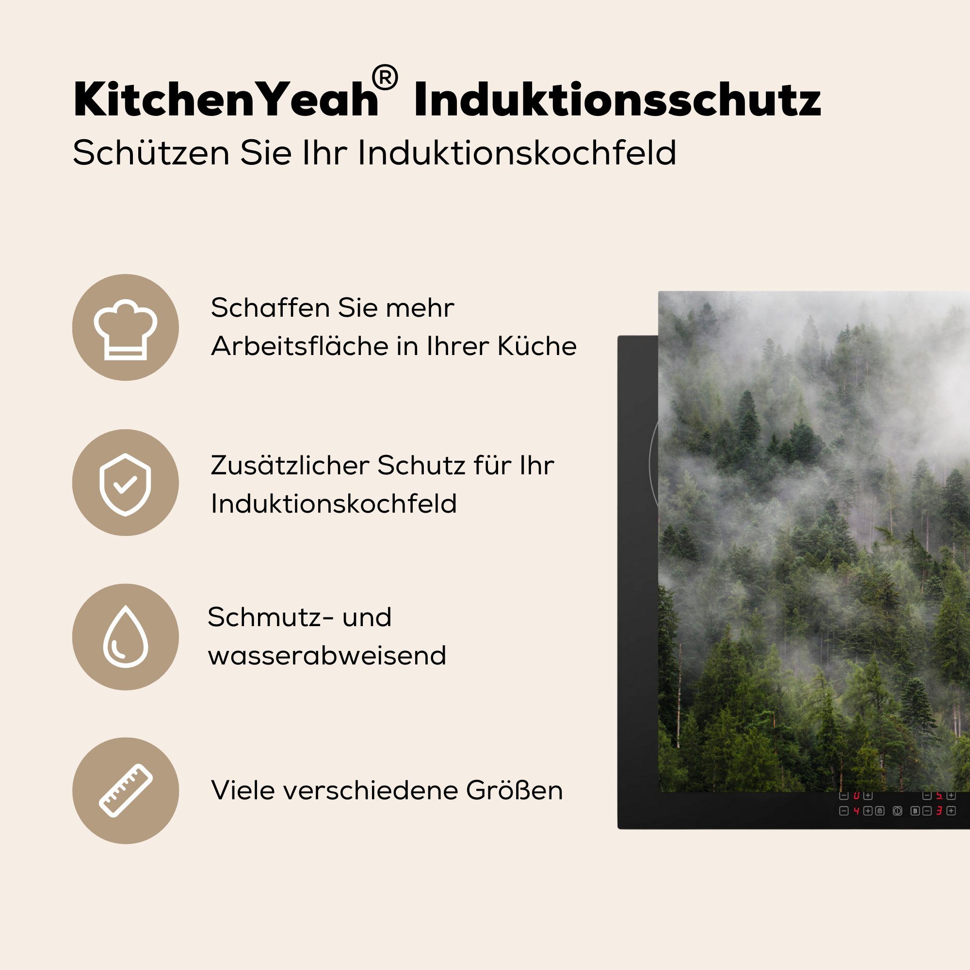 Nebel küche, tlg), für - Berg, Ceranfeldabdeckung Vinyl, cm, MuchoWow Herdblende-/Abdeckplatte Induktionskochfeld Wald die (1 Schutz - 71x52