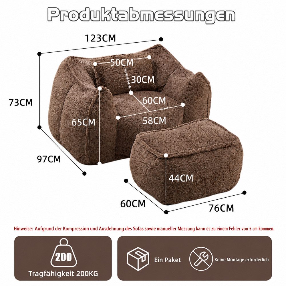 Leawin Relaxliege Sofas Wohnzimmer Loungesessel mit Hocker aus Kunstfell, Weicher Bean Bag Sessel mit Fußhocker und Schaumstofffüllung