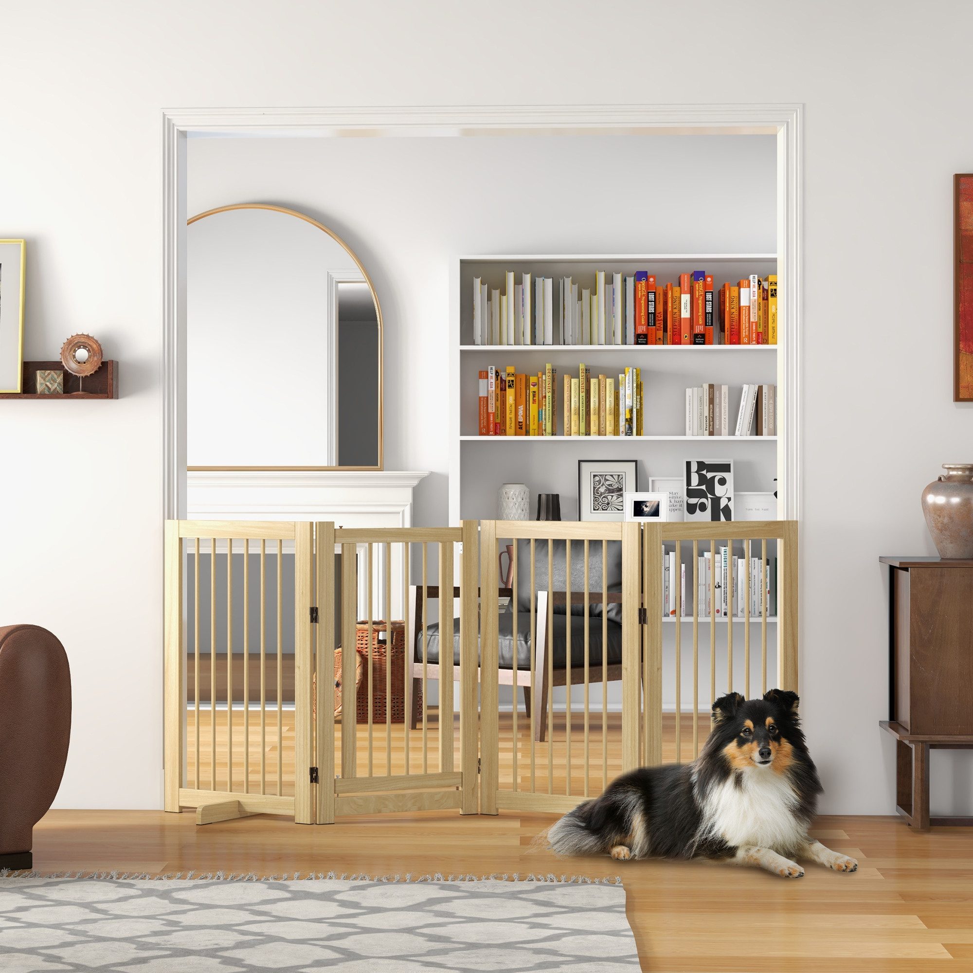 PawHut Hundegitter aus Holz Freistehendes Hundegitter mit Tür (Schutzgitter, 1 St., Absperrgitter), für Küche, Flur, Treppe, Natur