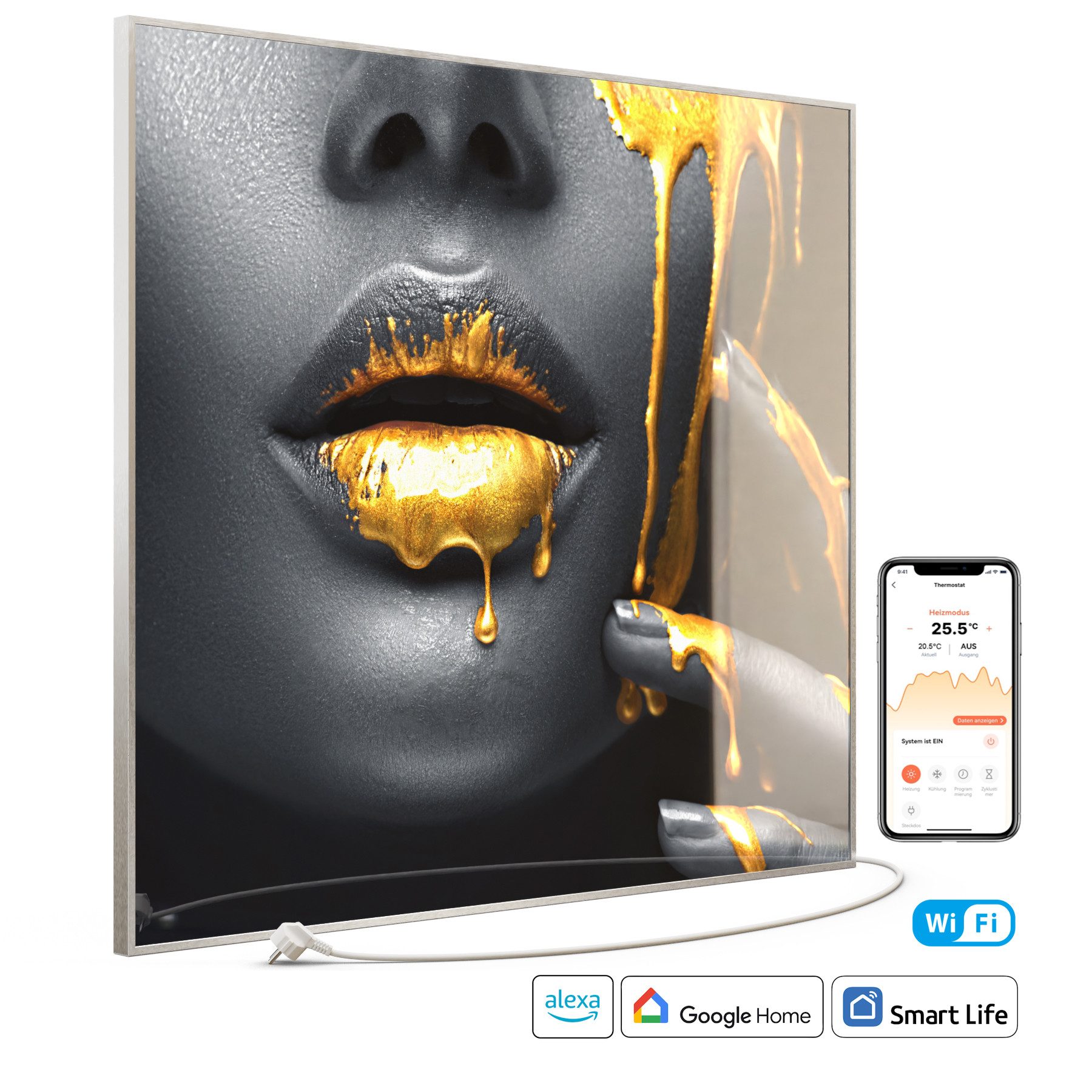 STEINFELD Heizsysteme Infrarotheizung Glas-Bild 1200W, 114x100cm, Made in Germany, 7 Jahre Garantie, mit Thermostat, Silber