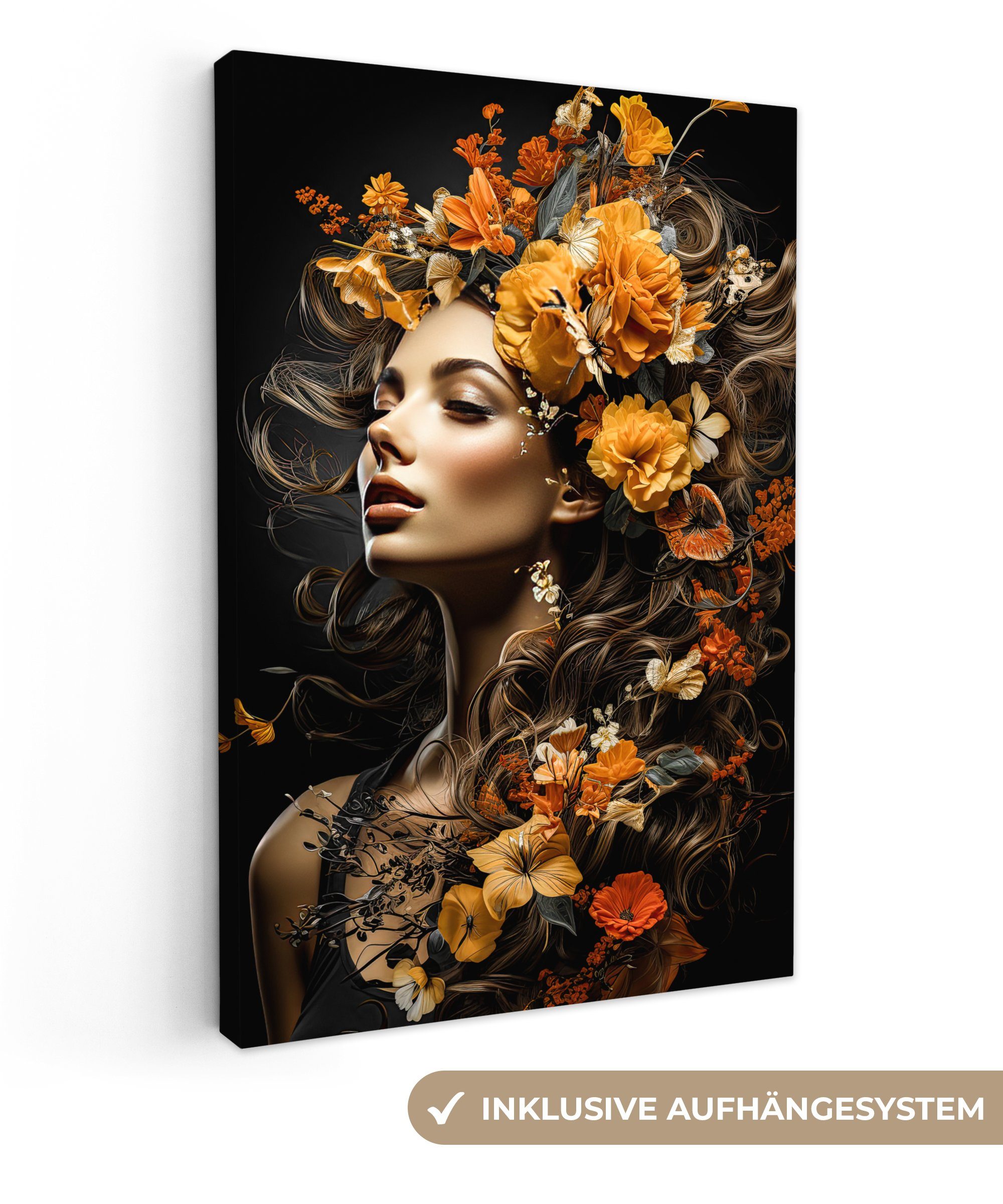 OneMillionCanvasses® Leinwandbild Frau - Porträt - Blumen - Farbenfroh, Fot günstig online kaufen