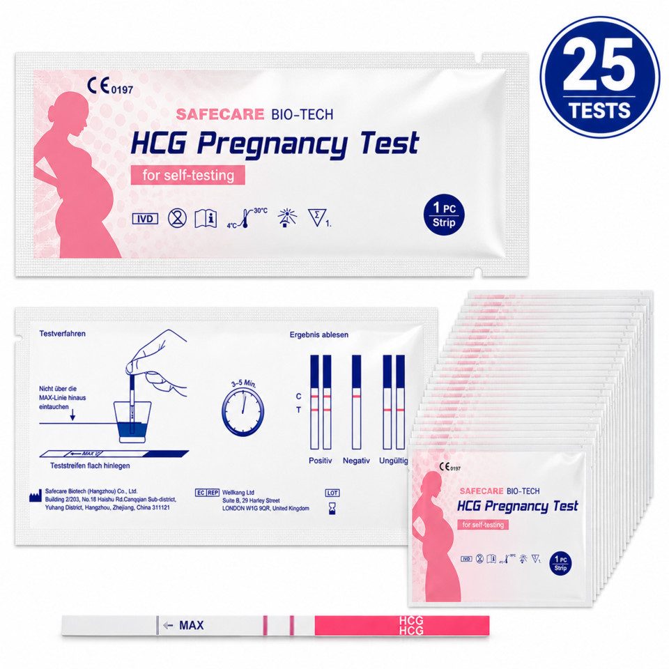 Safecare Bio-Tech Schwangerschaftstest Früh Schwangerschaftests SST - 99% Ergebnisse in 3-5 Minuten, Teststreifen, 25-tlg., Schnelles Ergebnis, einfache Handhabung, hohe Genauigkeit