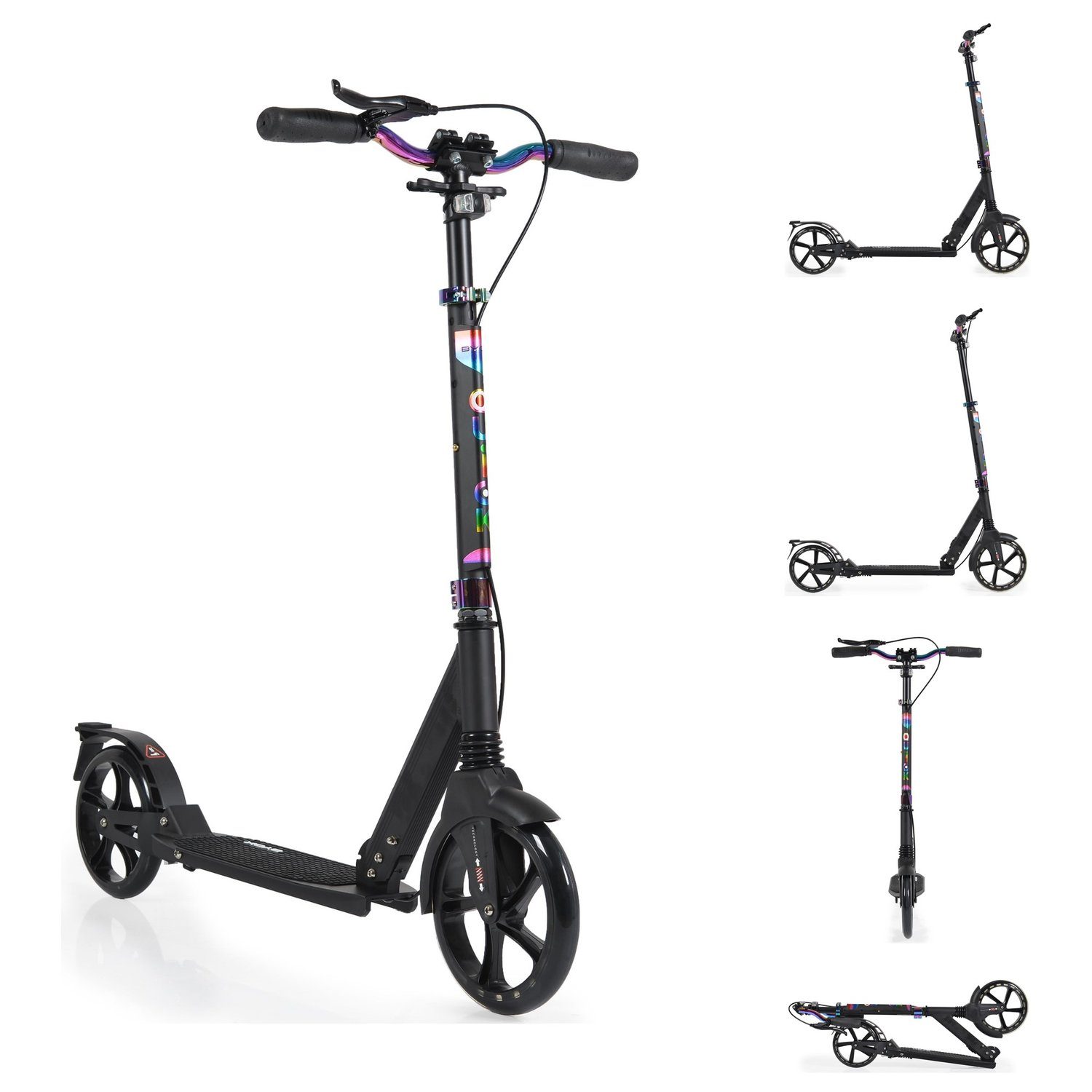 Byox Cityroller Kinderroller Quick klappbar, Handbremse, Seitenständer, LED-Scheinwerfer
