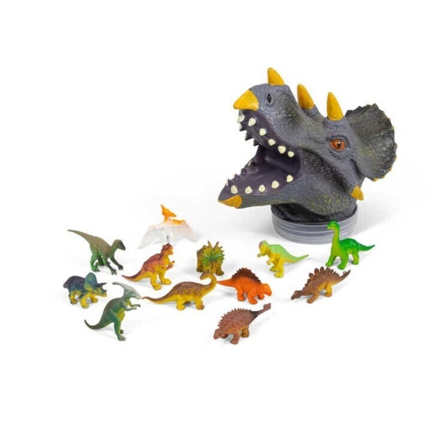 TOBAR Spielfigur Dinosaurier Spielfiguren in einem Triceratops Kopf im 12er Set
