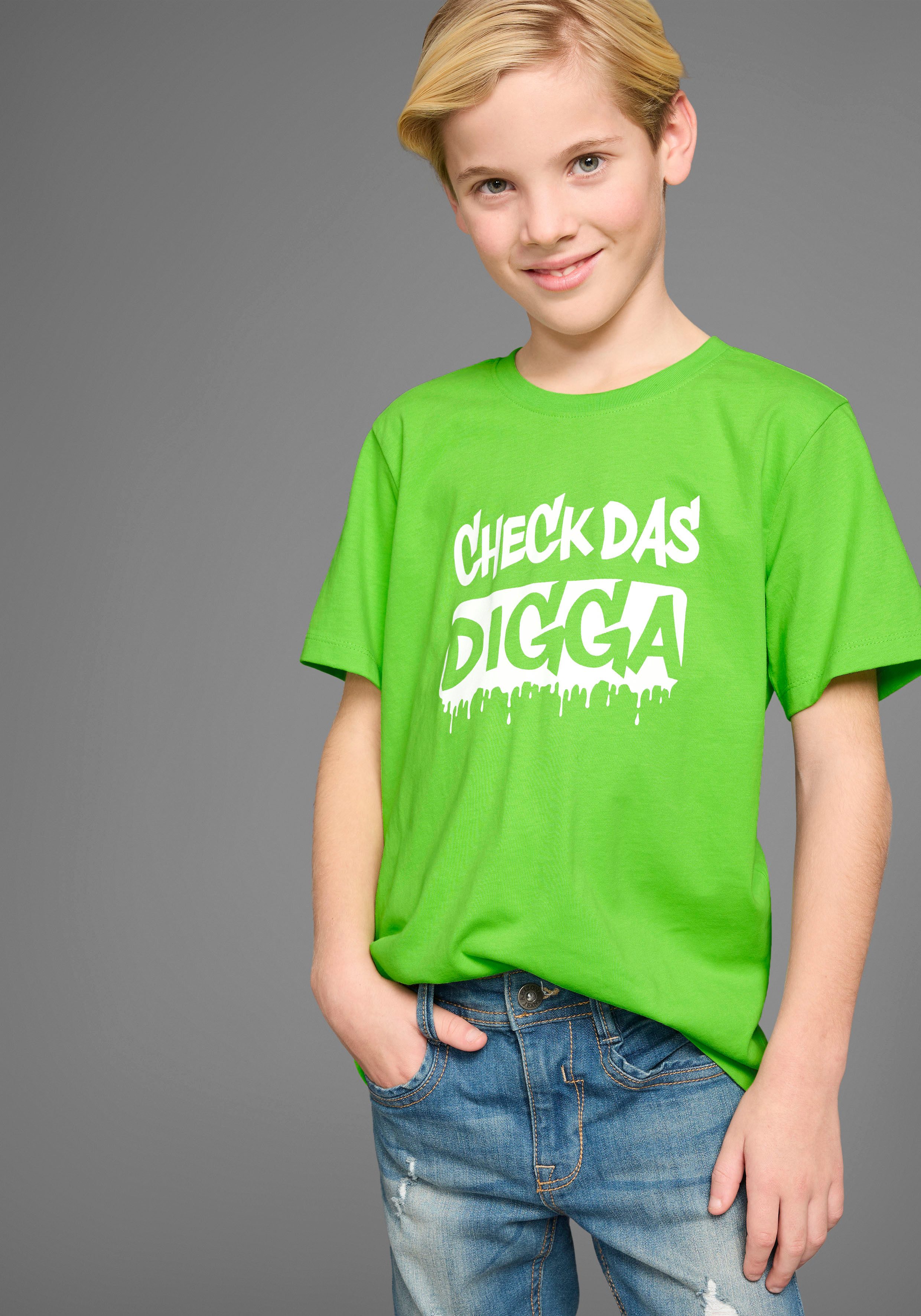 KIDSWORLD T-Shirt Sprücheshirt: CHECK DAS DIGGA Kurzarm, Basic-Passform, bedruckt, Rundhalsausschnitt