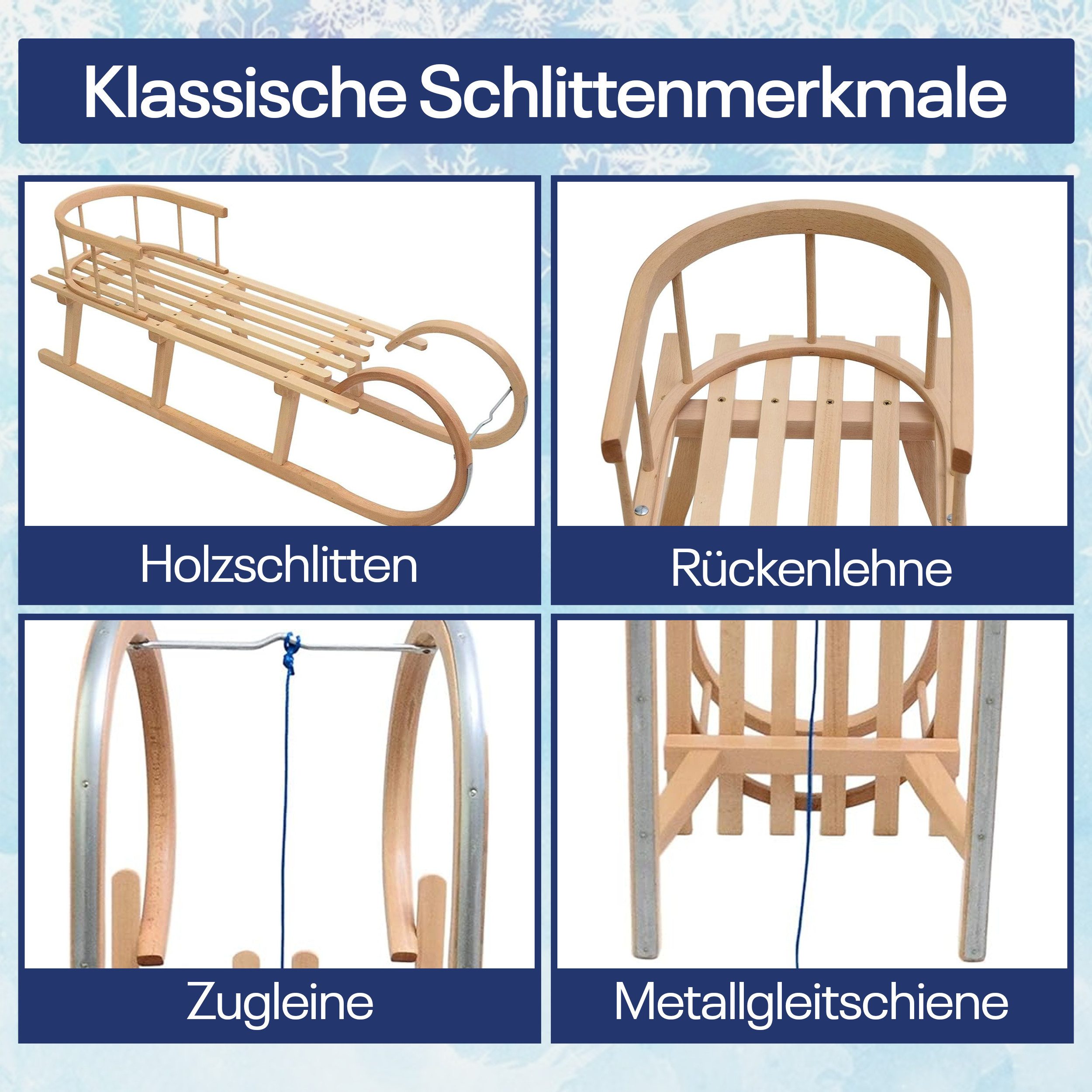 Best for Kids Hörnerrodel Hornschlitten – Kinder-Holzschlitten mit Rückenlehne und Metallkufen (Holzschlitten, Kinderschlitten mit Rückenlehne), 120 x 32 x 39 cm (L x B x H)
