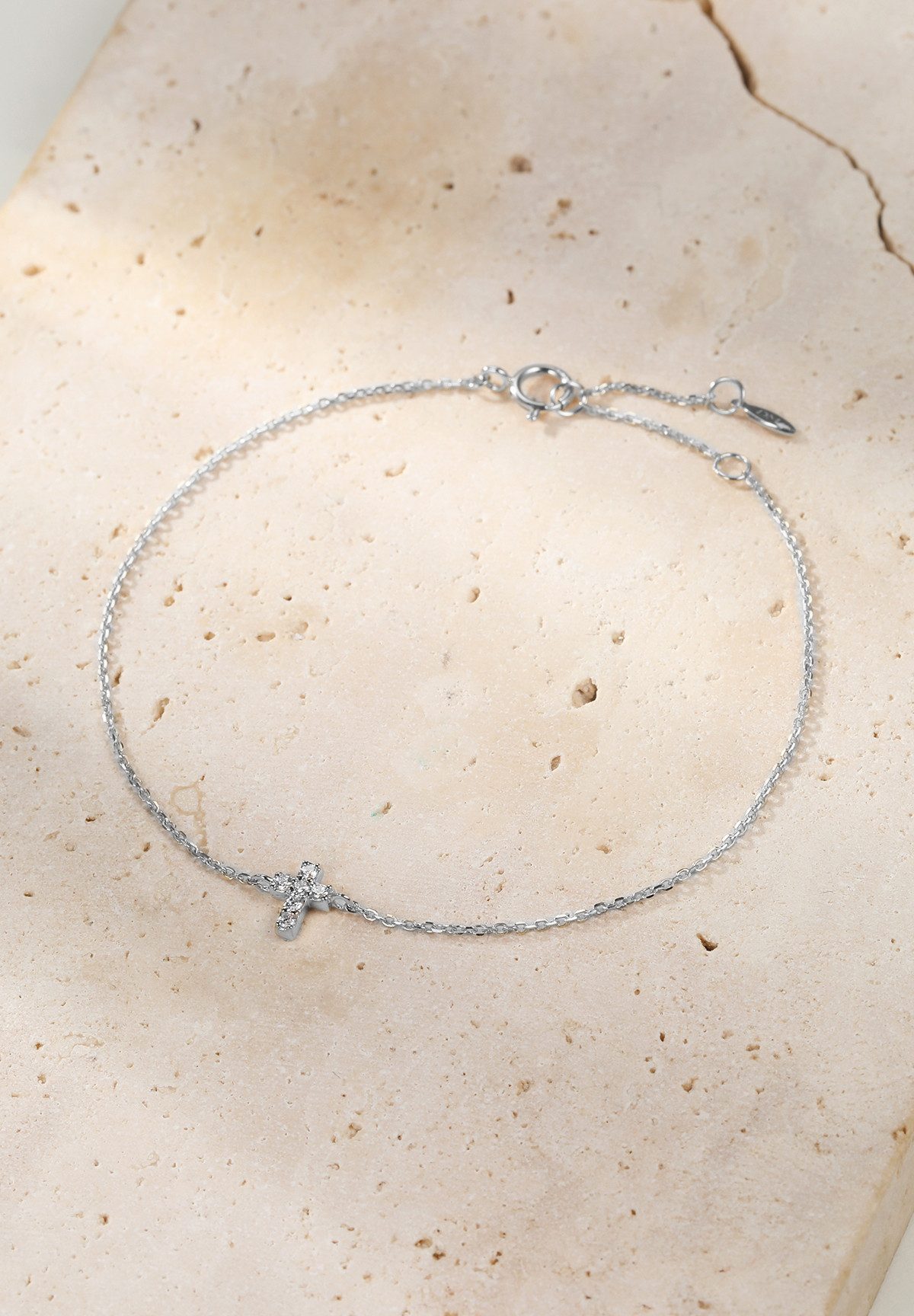 Dear Me Goldarmband 585 Gold Kreuz Kristalle, Armkette Echtgold Anhänger, 14K Massivgold Weißgold Armband Kreuz Zirkonia, Geschenkidee