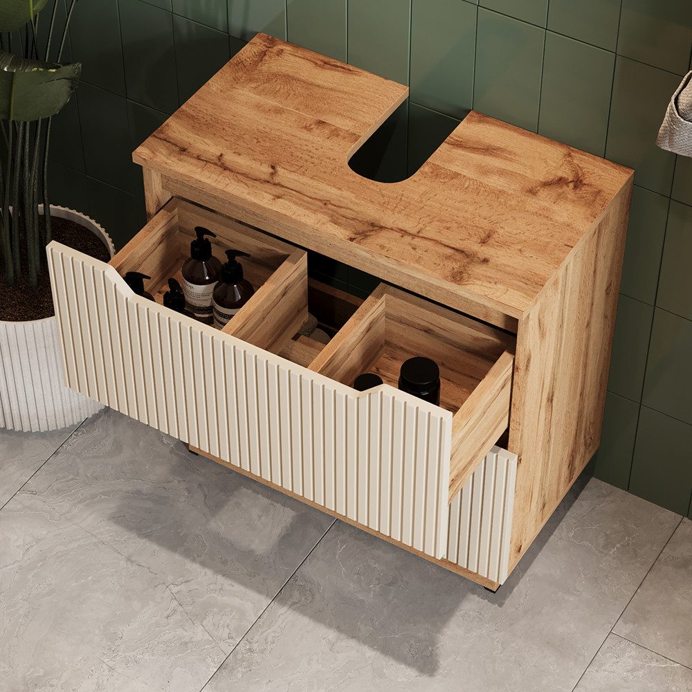 Vicco Waschbeckenunterschrank Lotta, Eiche/Kaschmir gestreift, 59.8 x 62.5 cm mit 2 Schubladen (1-St)