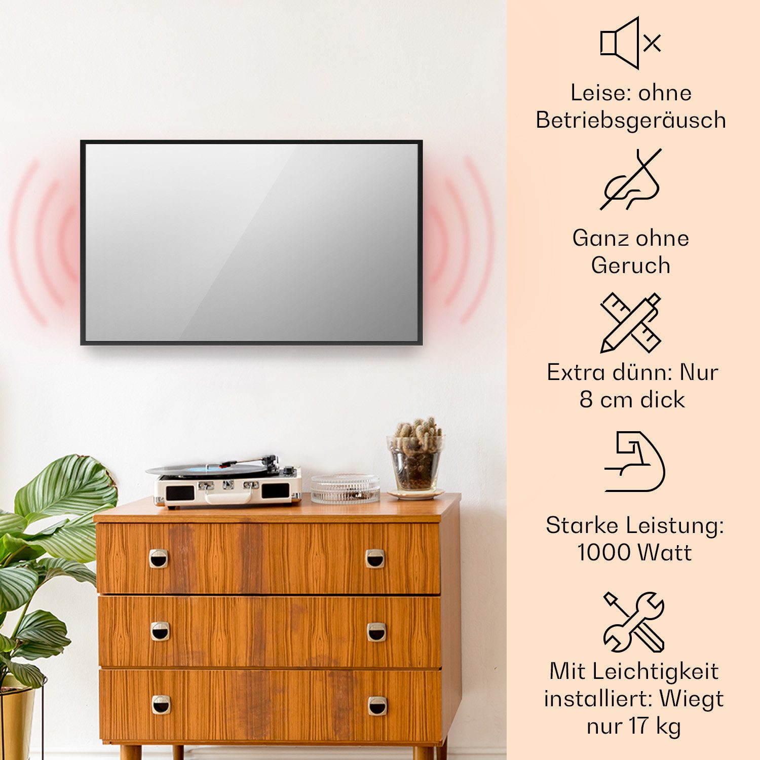 Klarstein Heizkörper La Palma Smart 1000 W black, elektrische Infrarot Wandheizung Spiegel Thermostat Heizung elektrisch