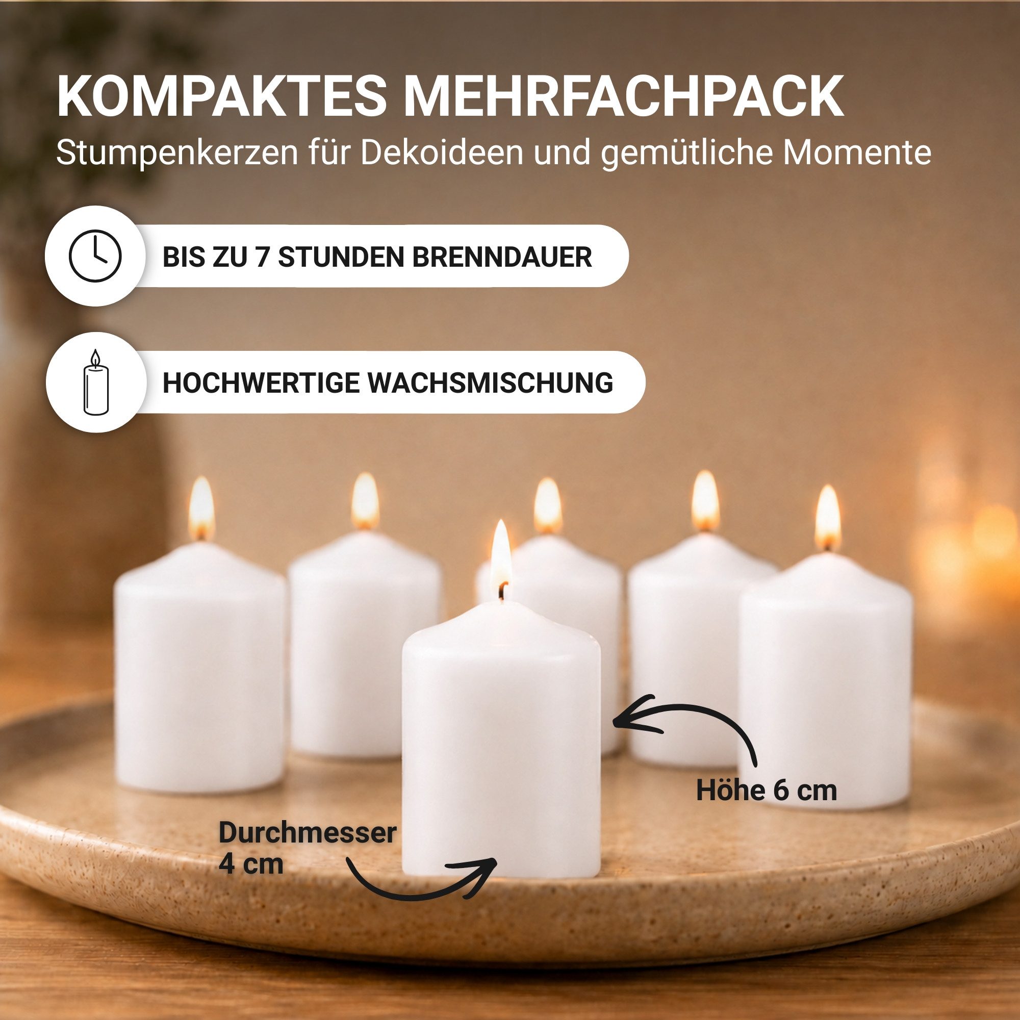 HS Candle Stumpenkerze Set kompakt und unparfümiert, Ø4cm x H6 cm (6-tlg., Dekolicht), bis zu 7h Brenndauer je Kerze, Wachsmischung, Made in EU – Bild 2 von 5