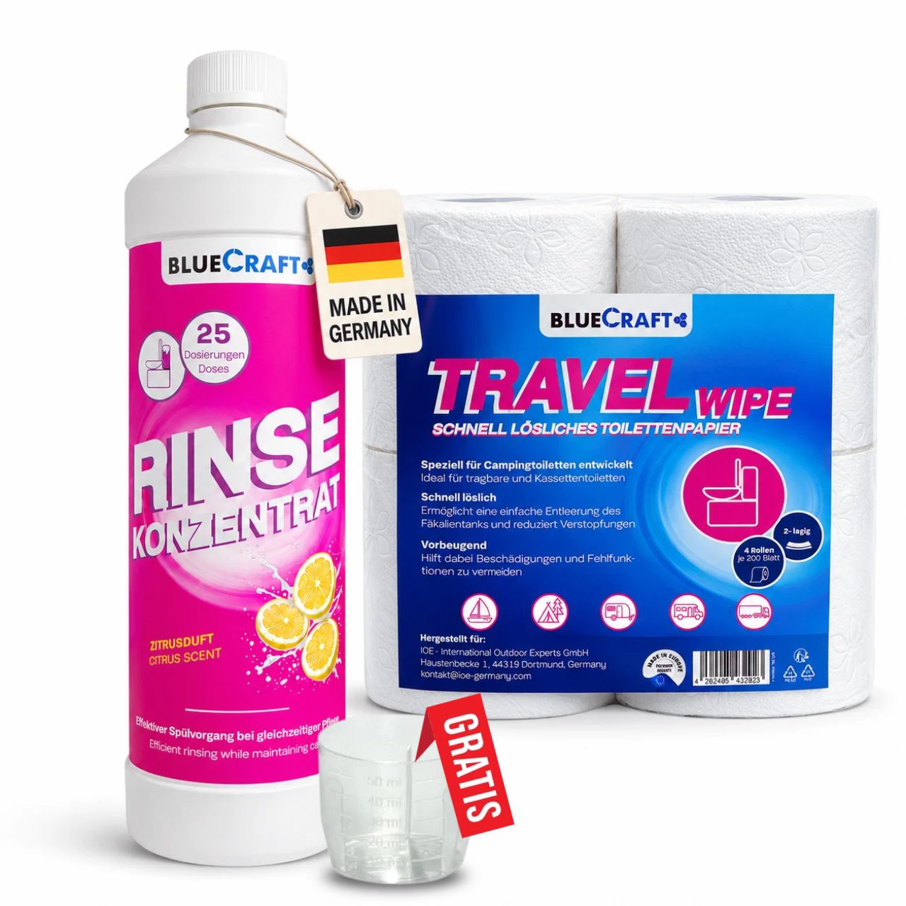 BlueCraft Sanitärflüssigkeit mit Toilettenpapier für Campingtoilette Spültank Campingtoilettenreiniger (Set, [- inkl. 4er Pack Toilettenpapier 1 l)