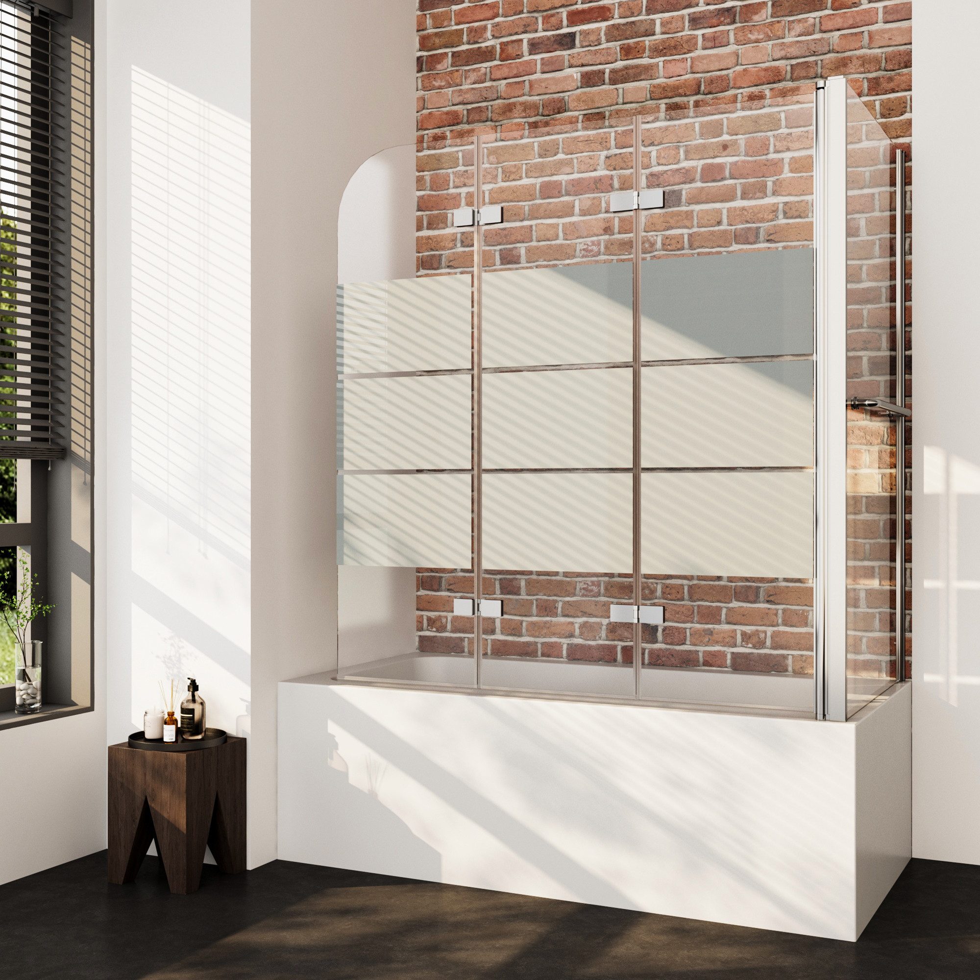 Boromal Badewannenfaltwand 3 teilig Milchglas Badewannenaufsatz mit Seitenwand Handtuchhalter, 6mm Sicherheitsglas, 120x70x140, 120x75x140, 120x80x140cm