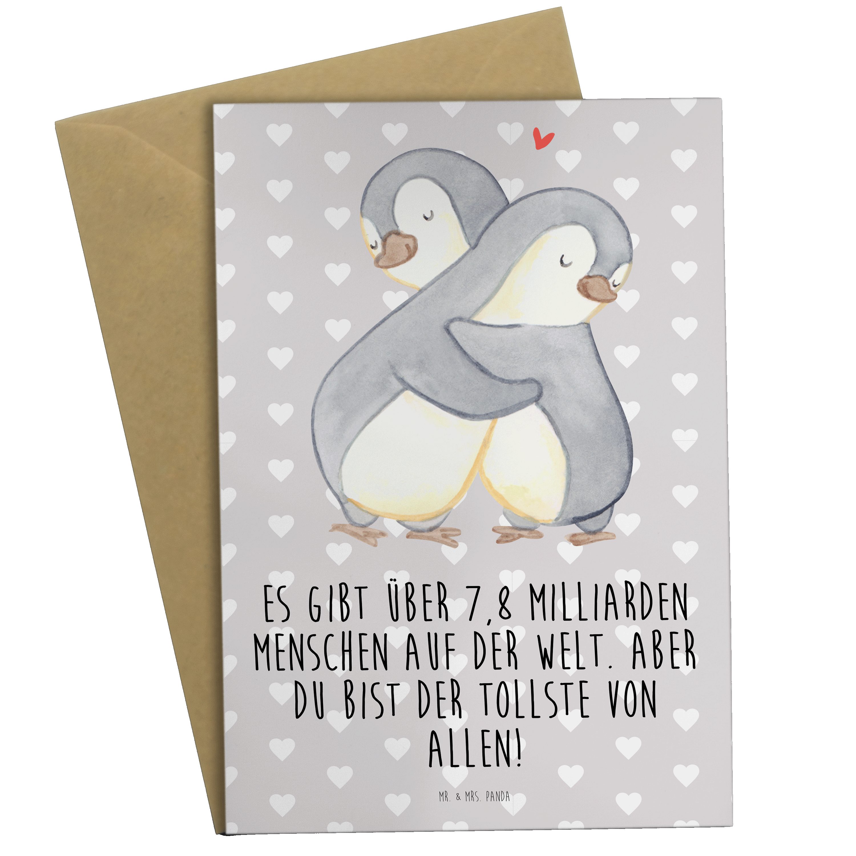 Mr. & Mrs. Panda Grußkarte Pinguine Kuscheln - Grau Pastell - Geschenk, Mitbringsel, Hocheitstag