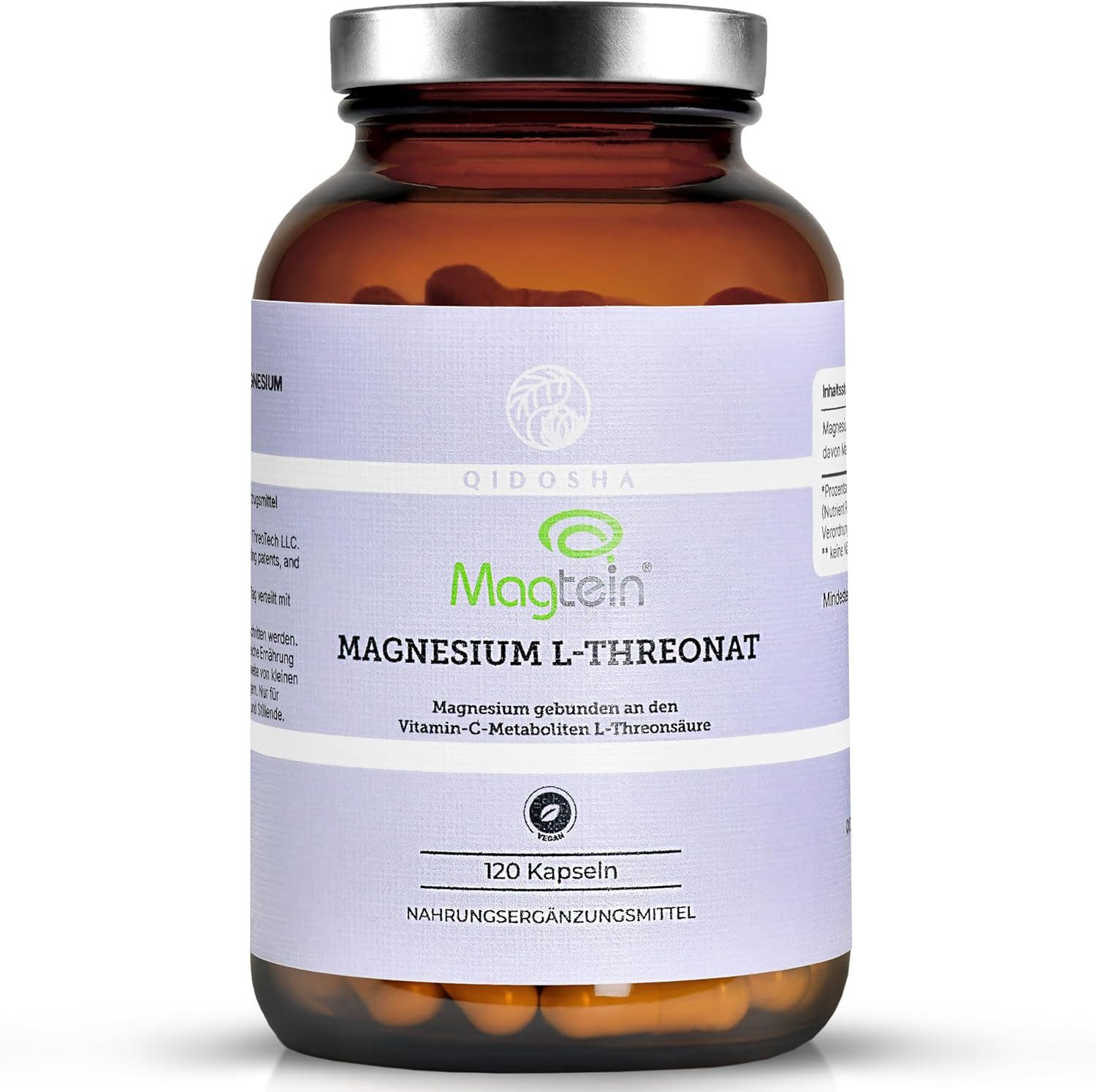 QIDOSHA Magnesium L-Threonat mit dem Markenrohstoff Magtein® Kapseln, im Apothekerglas, 2000mg/Tagesportion, deutsche Застосуватиung, jede Charge laborgeprüft à 120 St., 91.5 g