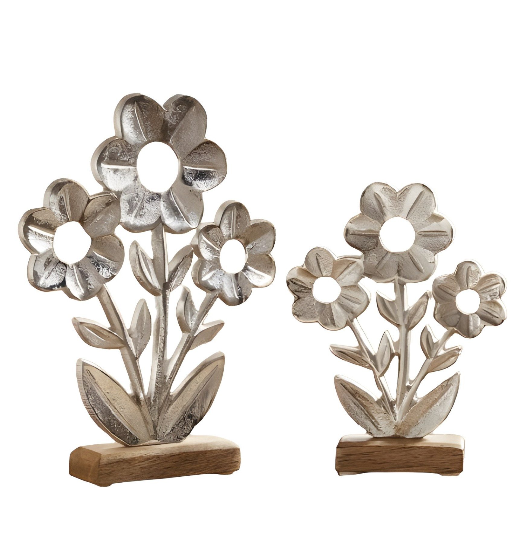 Dekoleidenschaft Dekofigur Blume "Silber" aus Aluminium in silber mit Antik Finish, Tischdeko (2 St., im Set), Dekoblume, Figurenset, Metalldeko, Metallfigur, Wohnzimmer Deko