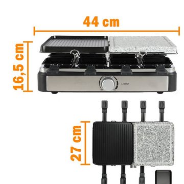 LIVOO Raclette LIVOO Raclette Grill für 8 Personen Tischgrill Raclettegrill DOC258, 8 Raclettepfännchen, 1400,00 W, Raclettepfännchen, Holzspatel, 2 abnehmbare Grillplatten, Drehregler